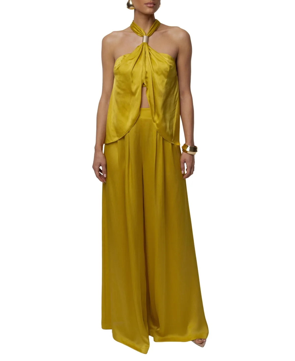 Cascade Halter-Neck Wide-Leg Satin Blouse and Pants, 2-Piece Set by Jluxlabel