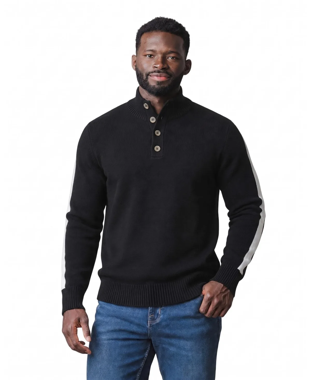 Cotton Knit Mock Neck Contrast-Stripe Sweater by Hope & Henry