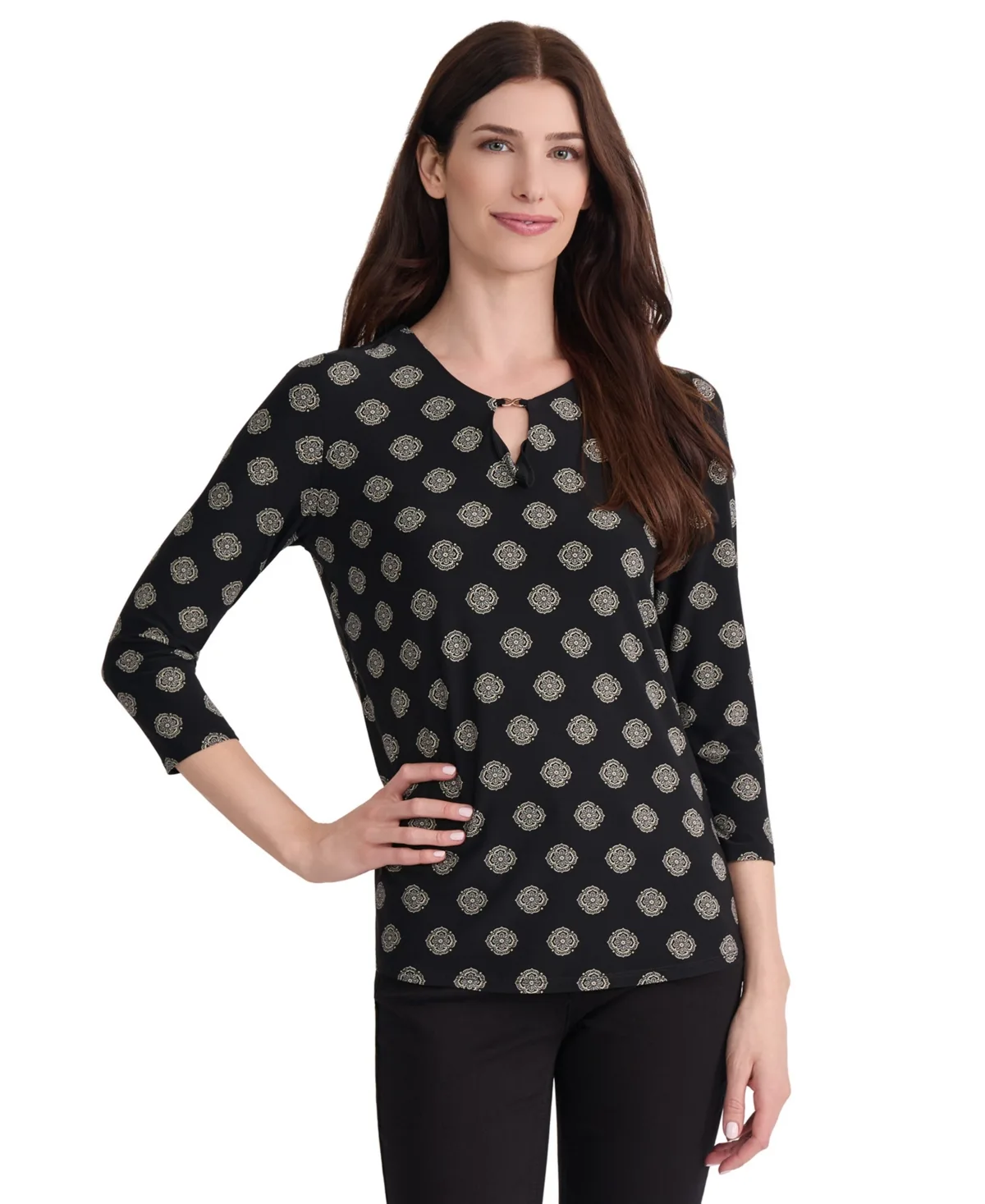 Infinity Trim 3/4-Sleeve V-Neck Blouse by Jones New York