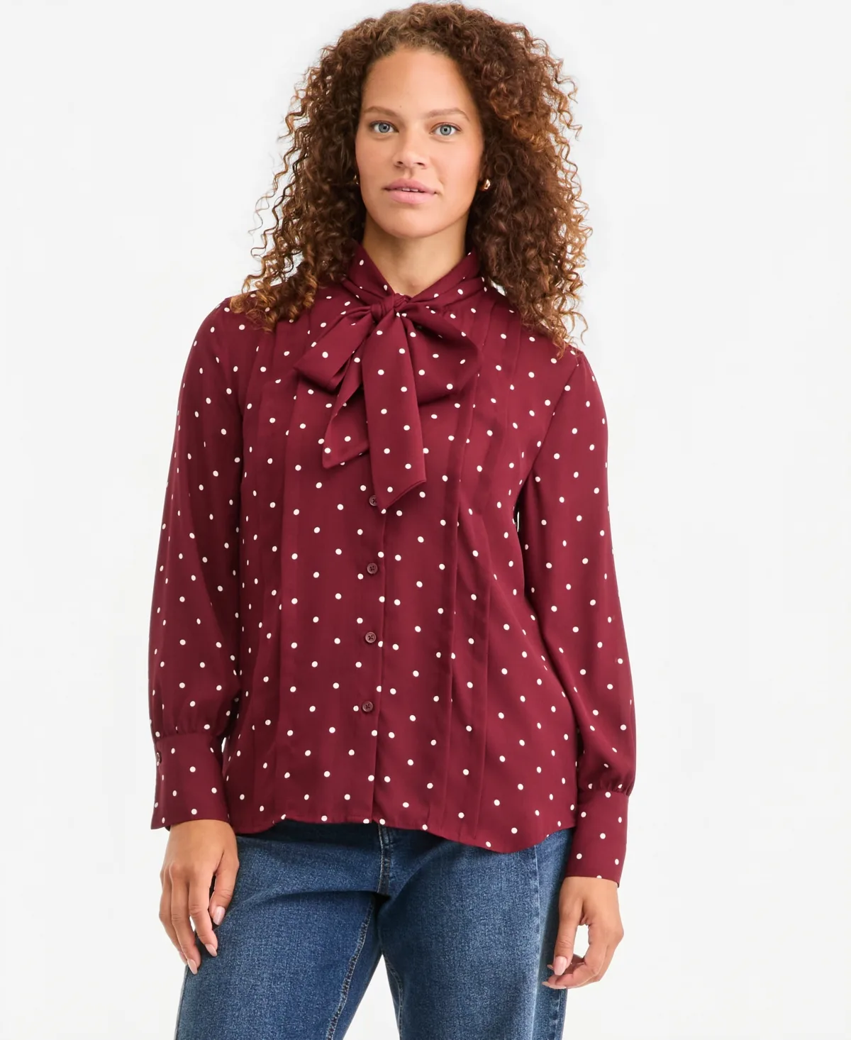 Long-Sleeve Tie-Neck Crepe Blouse by On 34th