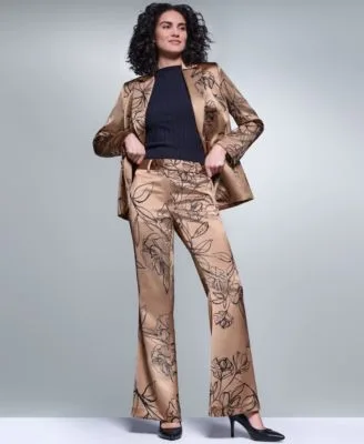 Satin Floral One Button Padded Shoulder Blazer Floral Satin Mid Rise Full Length Pants by Karl Lagerfeld