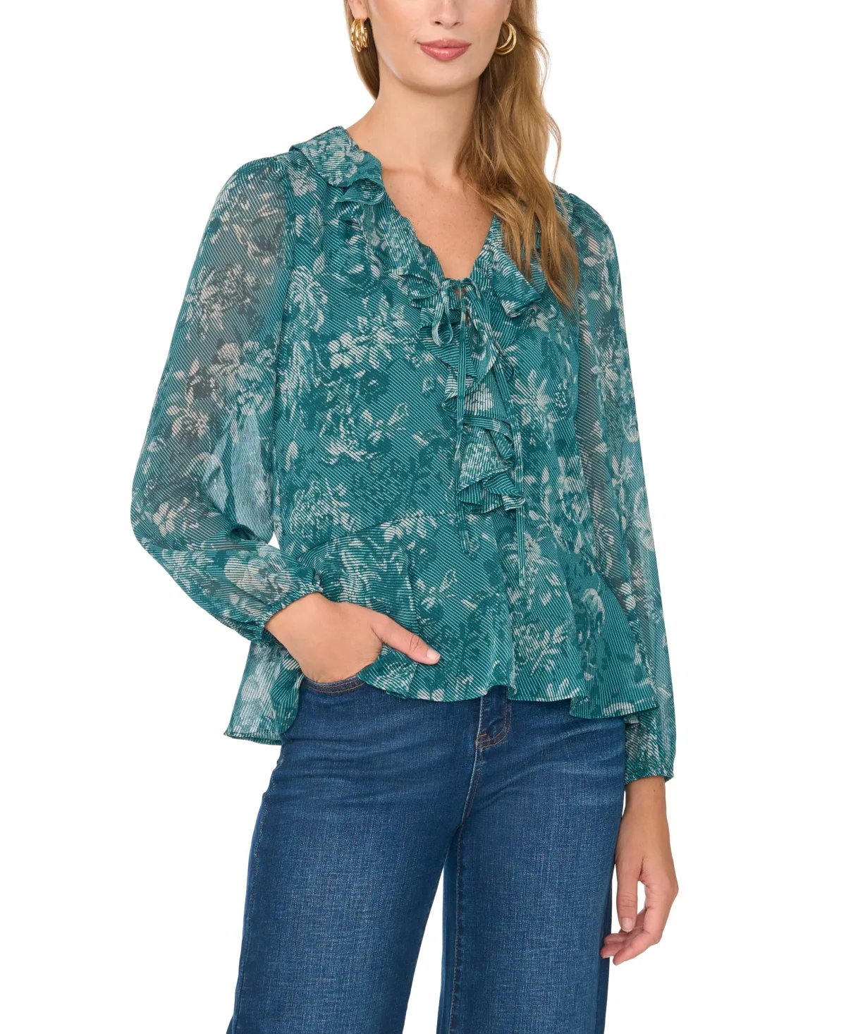 Floral V-Neck Flutter-Sleeve Blouse by Vince Camuto