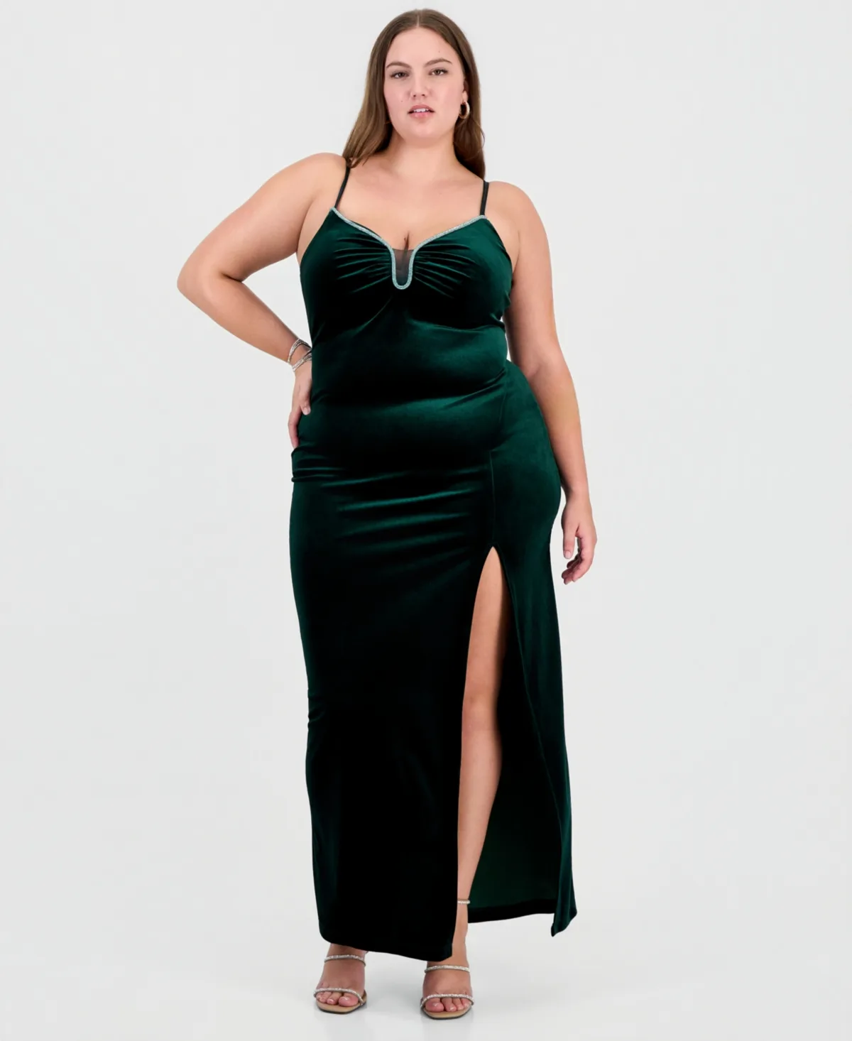 Velvet Jeweled Spaghetti-Strap Gown by Pear Culture