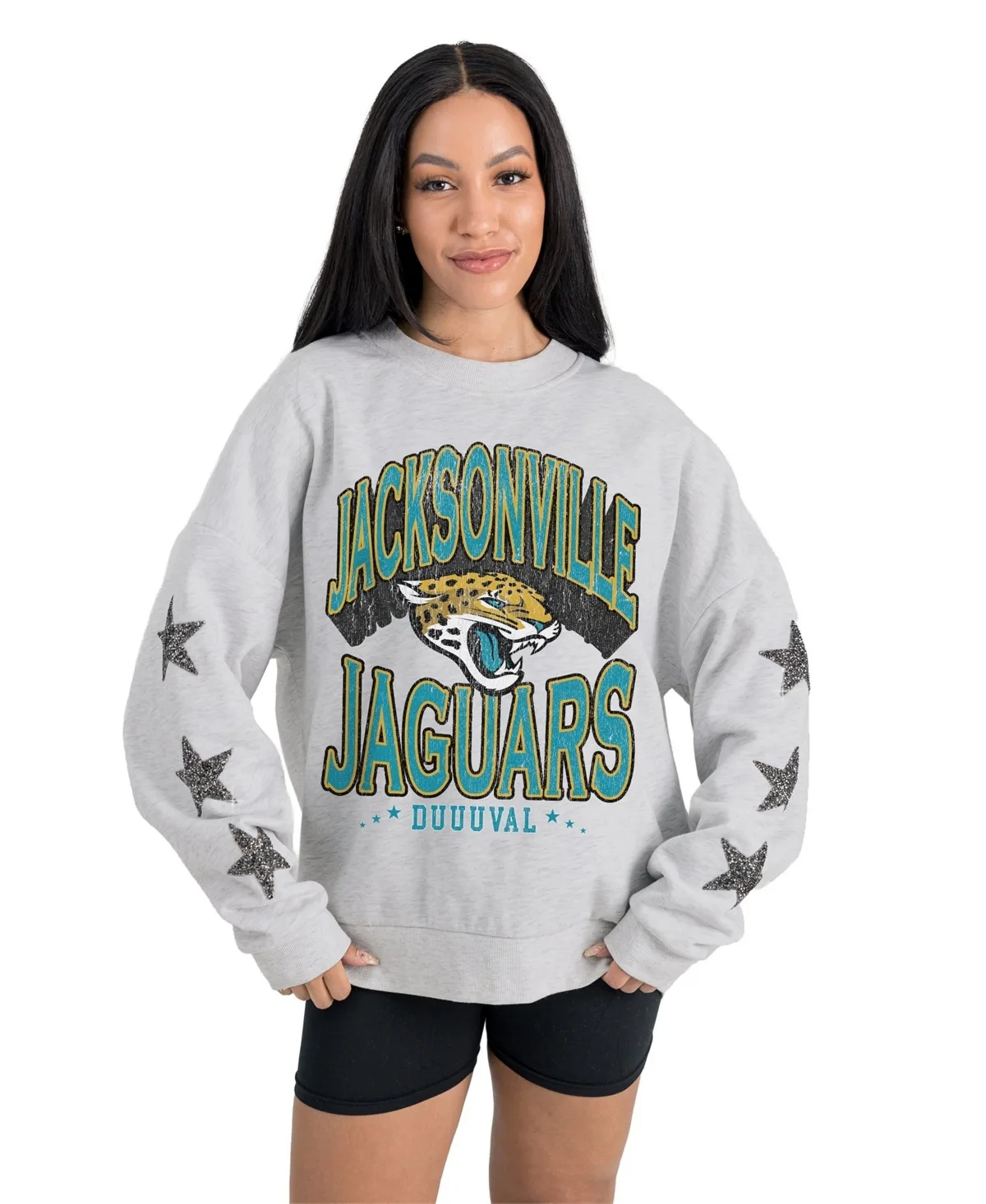 Jacksonville Jaguars Resilience Relaxed-Fit Rhinestone Pullover Sweatshirt by Gameday Couture