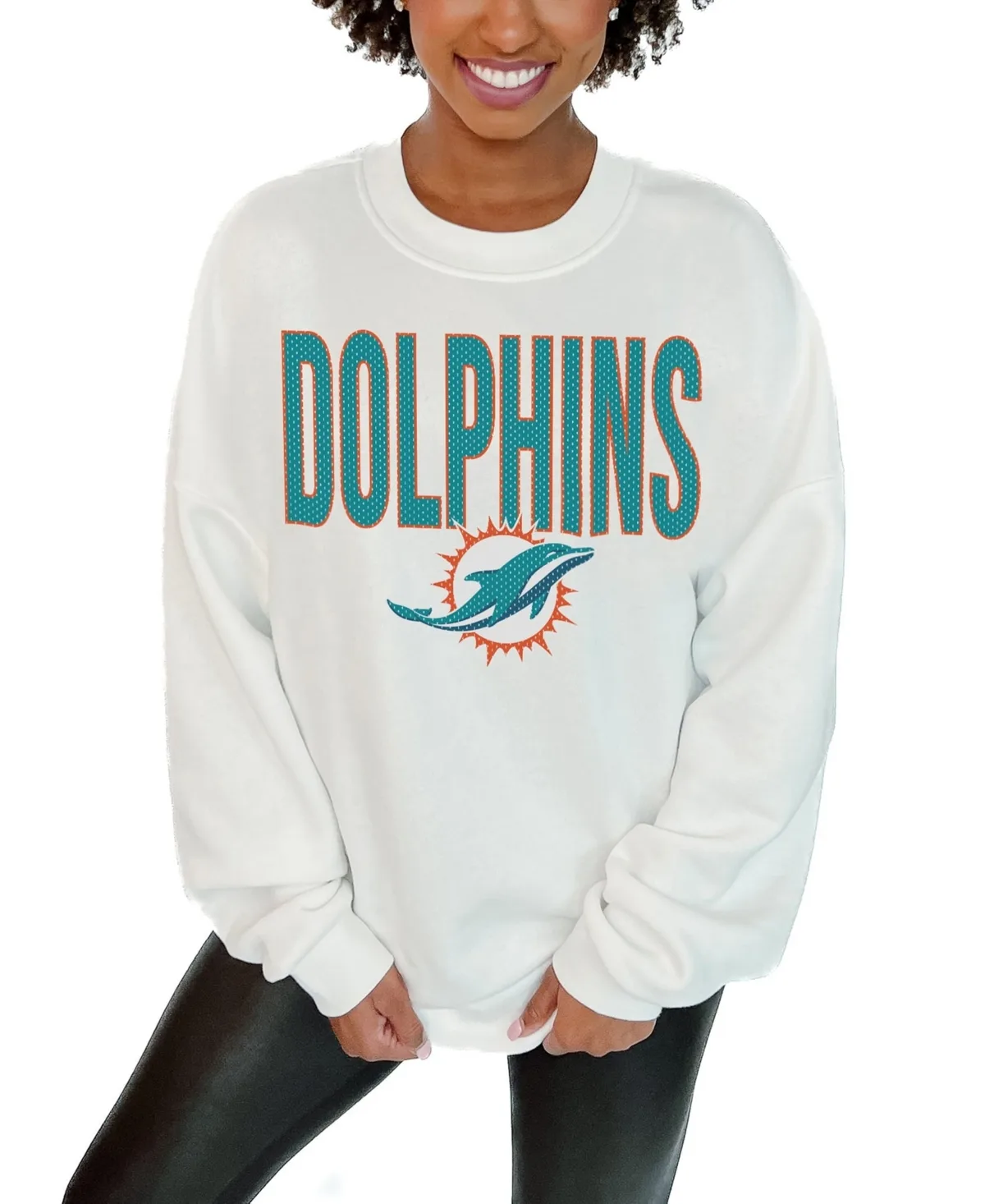 Miami Dolphins Just Go with It Oversized Screen Print Graphics Long Sleeve Crewneck Sweatshirt