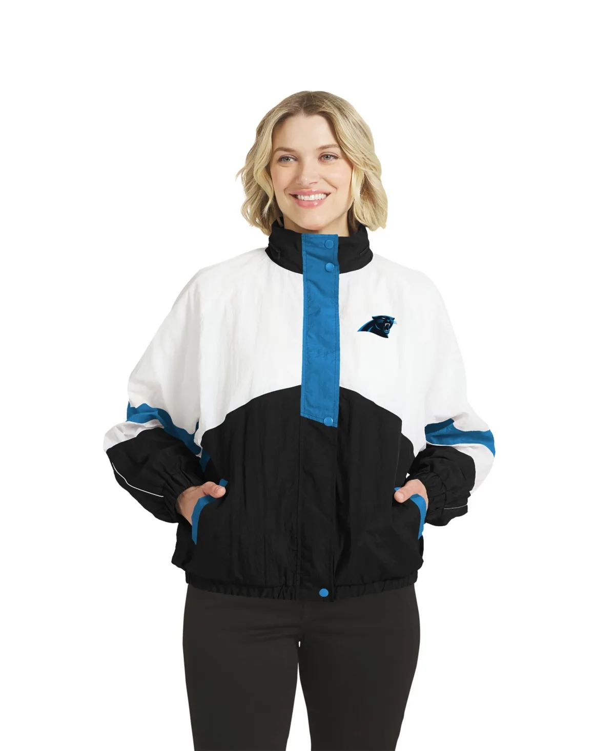 Carolina Panthers Hooded Full-Zip Mock Neck Windbreaker Jacket by Wear by Erin Andrews