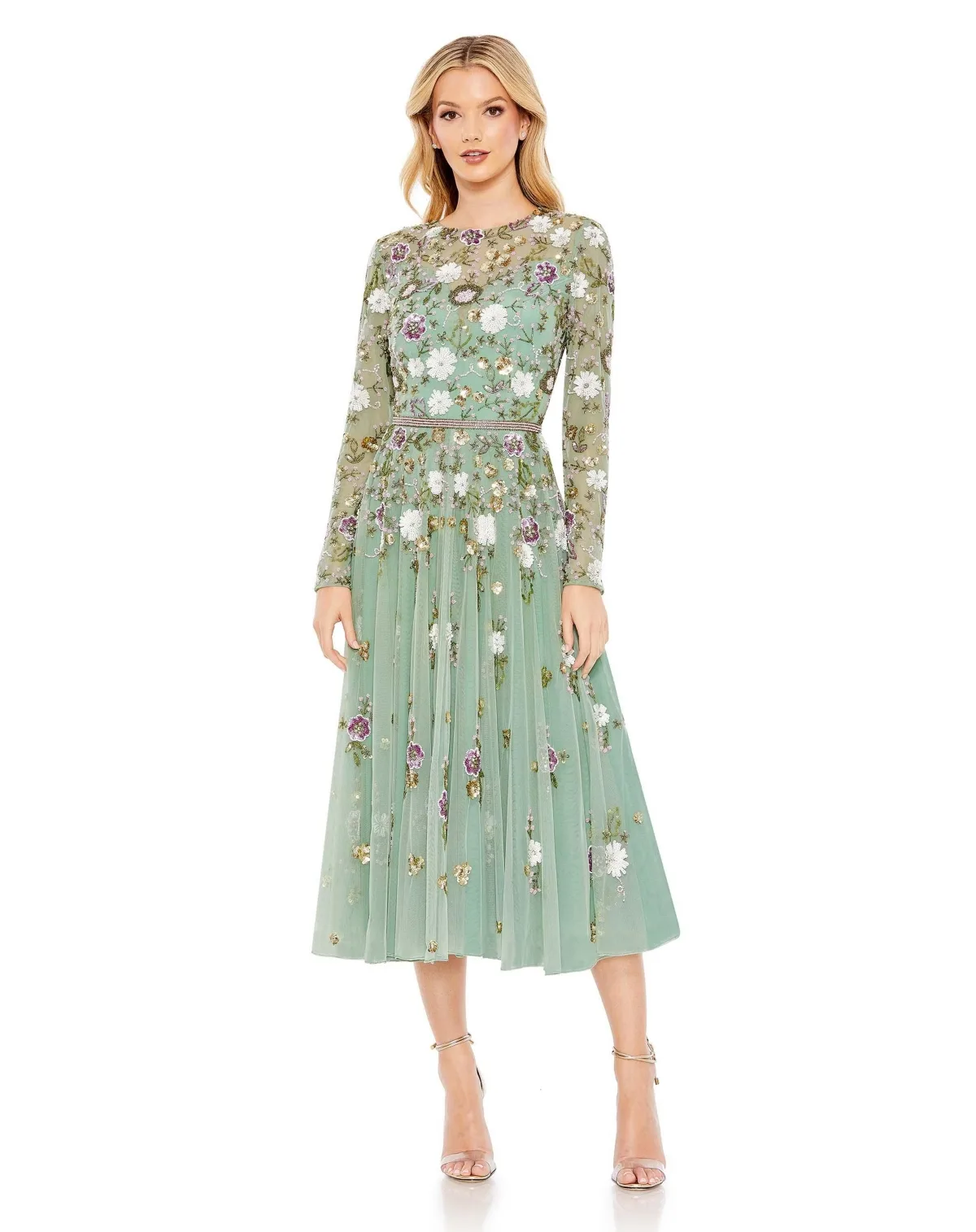Mac Duggal Sequined Floral Long Sleeve High Neck Midi Dress by M.A.C.