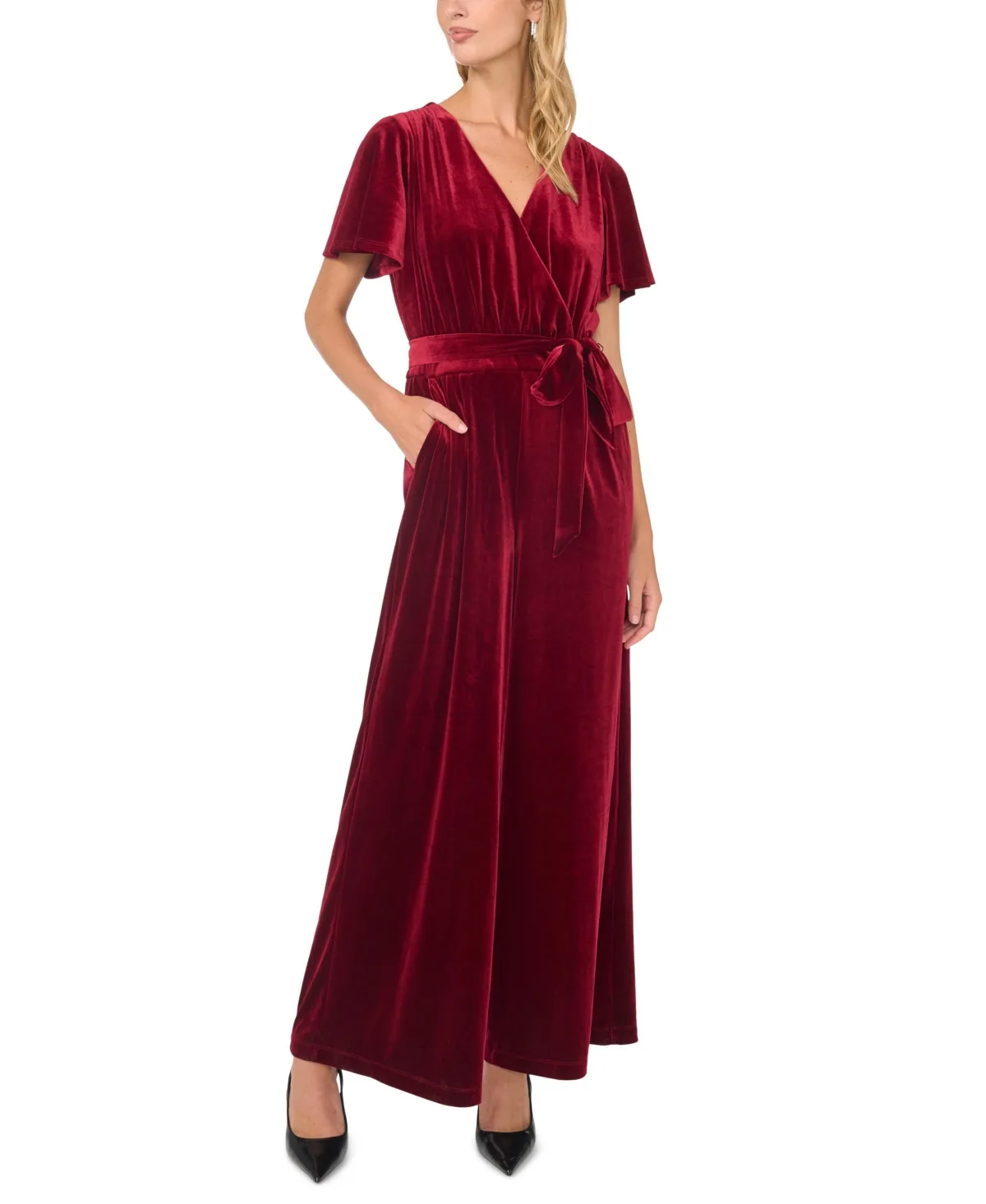 Surplice Velvet Wide-Leg Jumpsuit