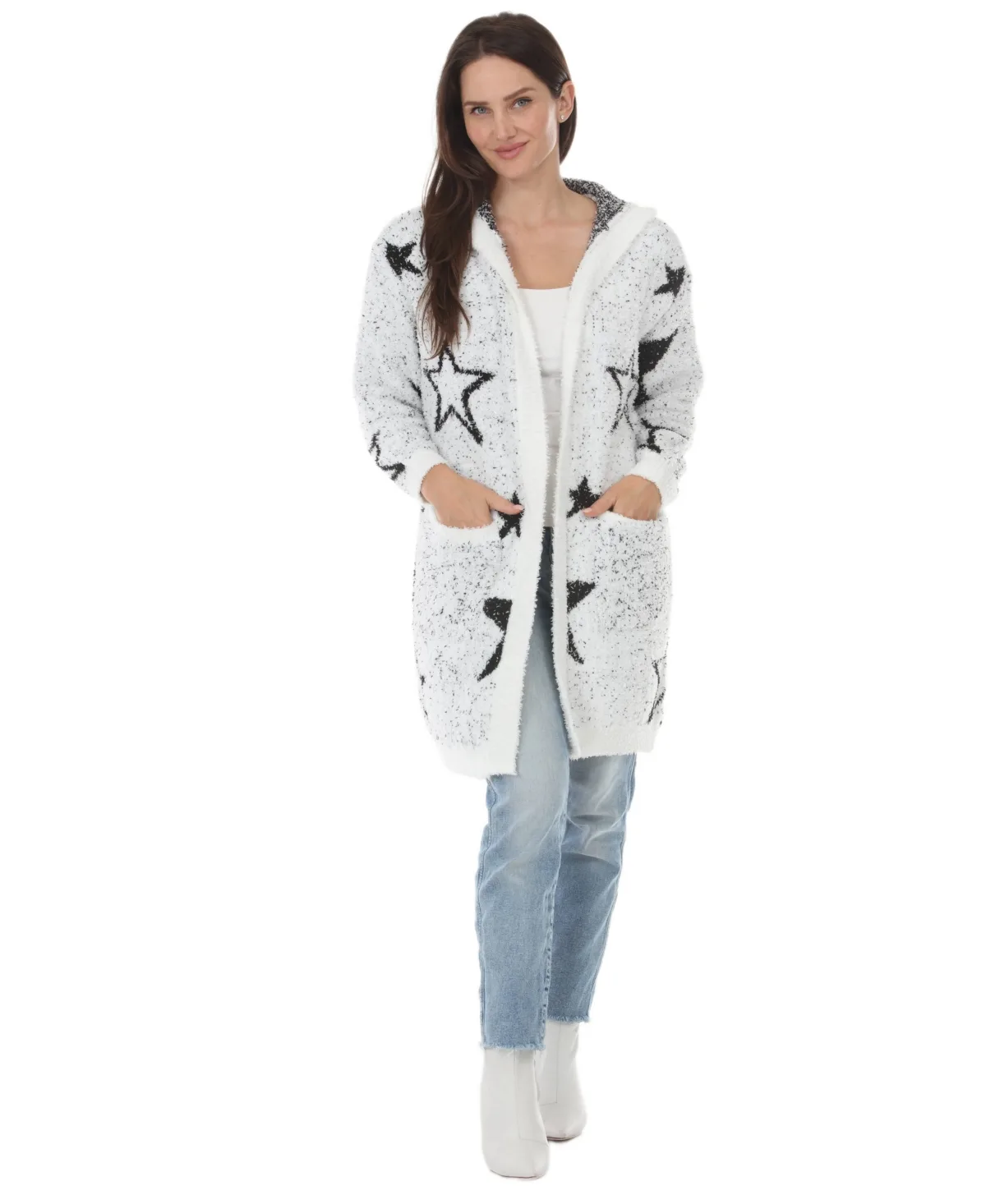 Hooded Star-Print Wool Cardigan by White Mark