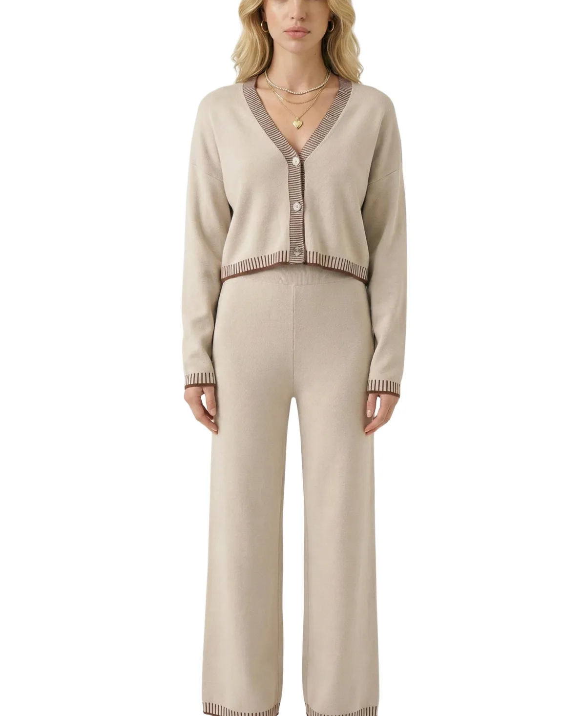 Knit Contrast-Trim V-Neck Cropped Cardigan and Wide-Leg Pants, 2-Piece Set by Modenaire