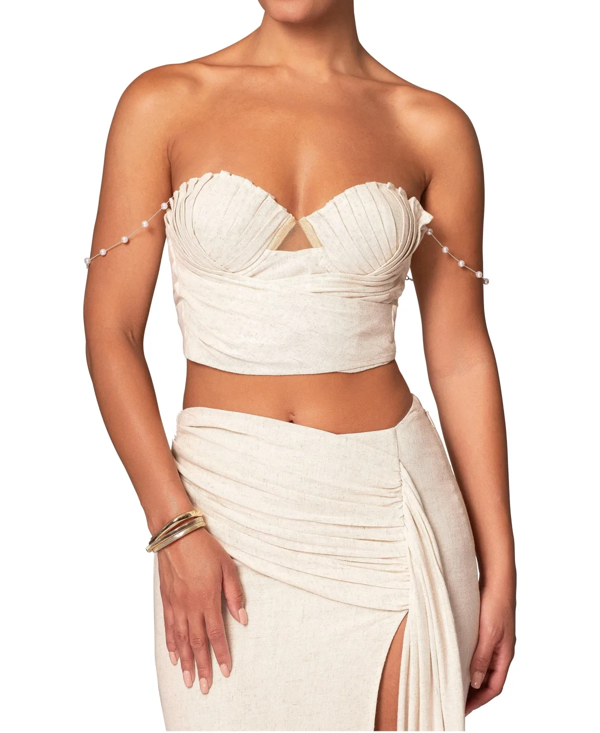 Arielle Off-The-Shoulder Draped Chain Seashell-Inspired Pleating Bustier Top by Jluxlabel