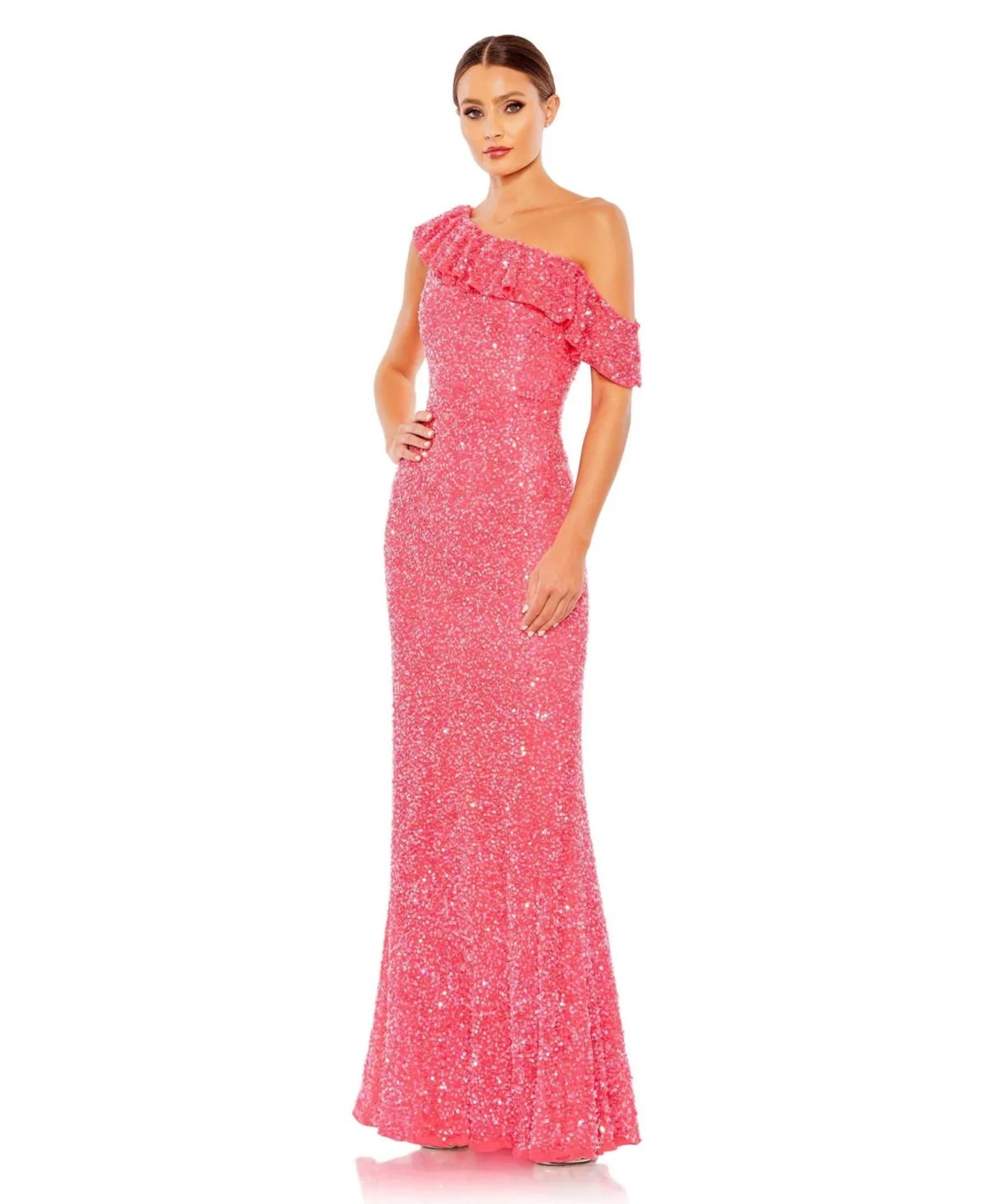 Sequined Drop Shoulder Trumpet Gown by M.A.C.