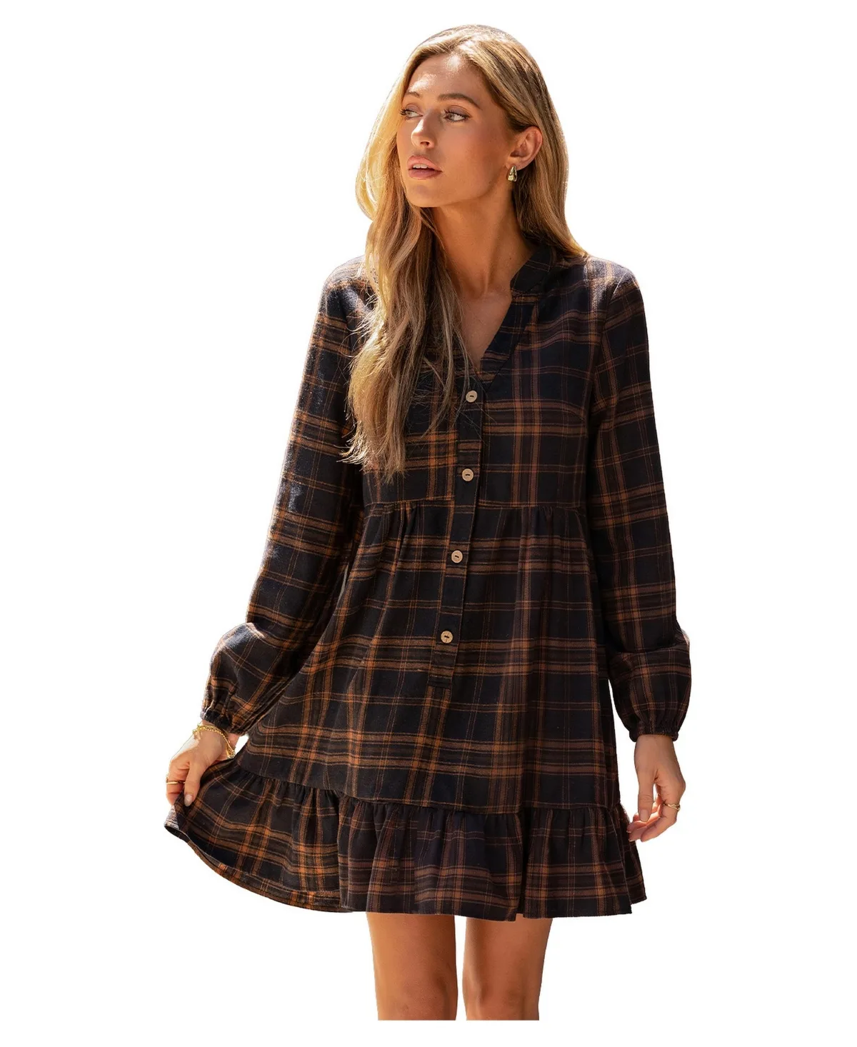 Classic Moves V-Neck Long-Sleeve Ruffled-Hem Dress by Cupshe