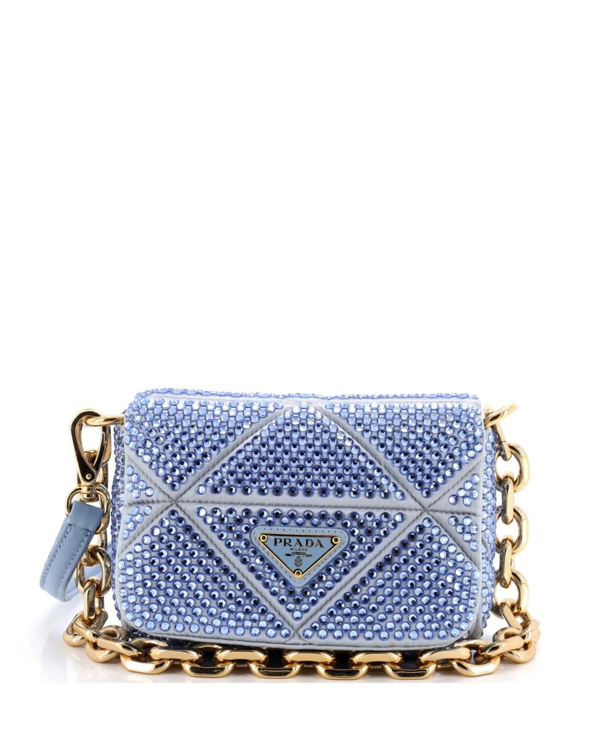 Pre-Owned Prada Triangle Chain Flap Bag Crystal Embellished Quilted Satin by Prada