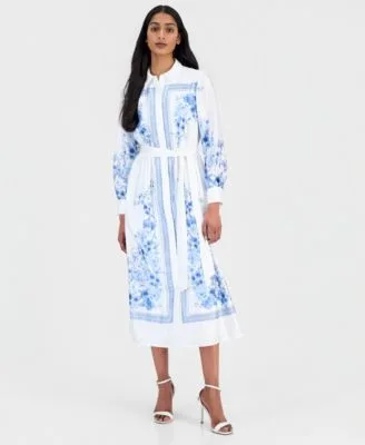 Printed Tie Waist Midi Shirtdress by Anne Klein