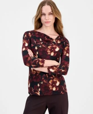 Printed Asymmetric Neck 3/4 Sleeve Top by Anne Klein