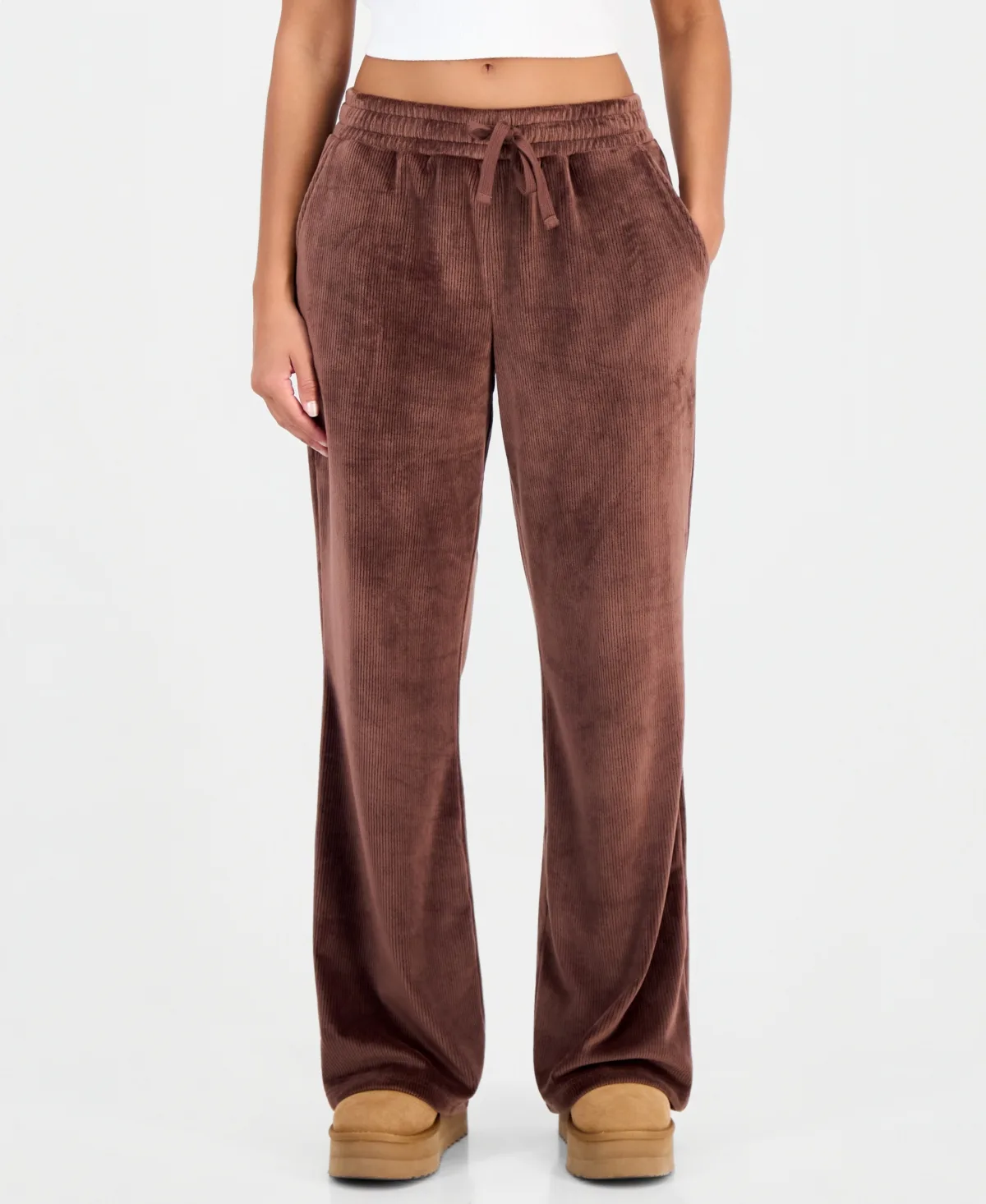 Ribbed Velour Straight-Leg Ankle Pants