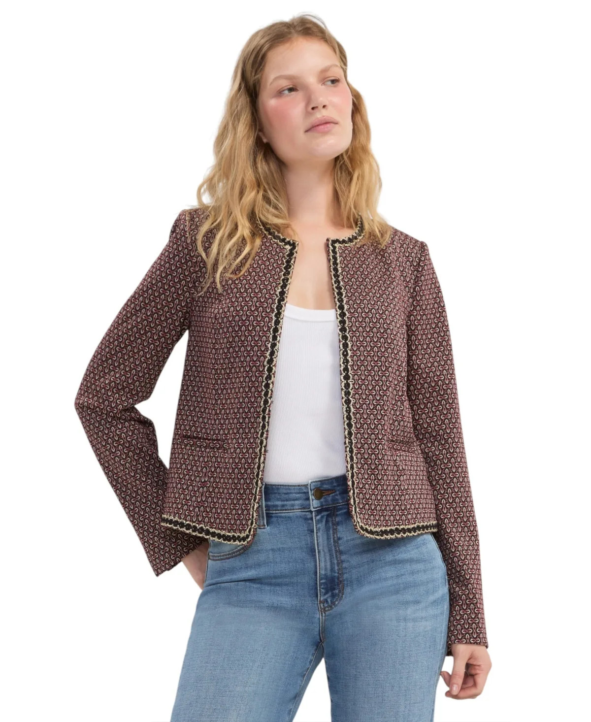 Collarless Gold-Tone Trim Jacquard Jacket by Liverpool Los Angeles