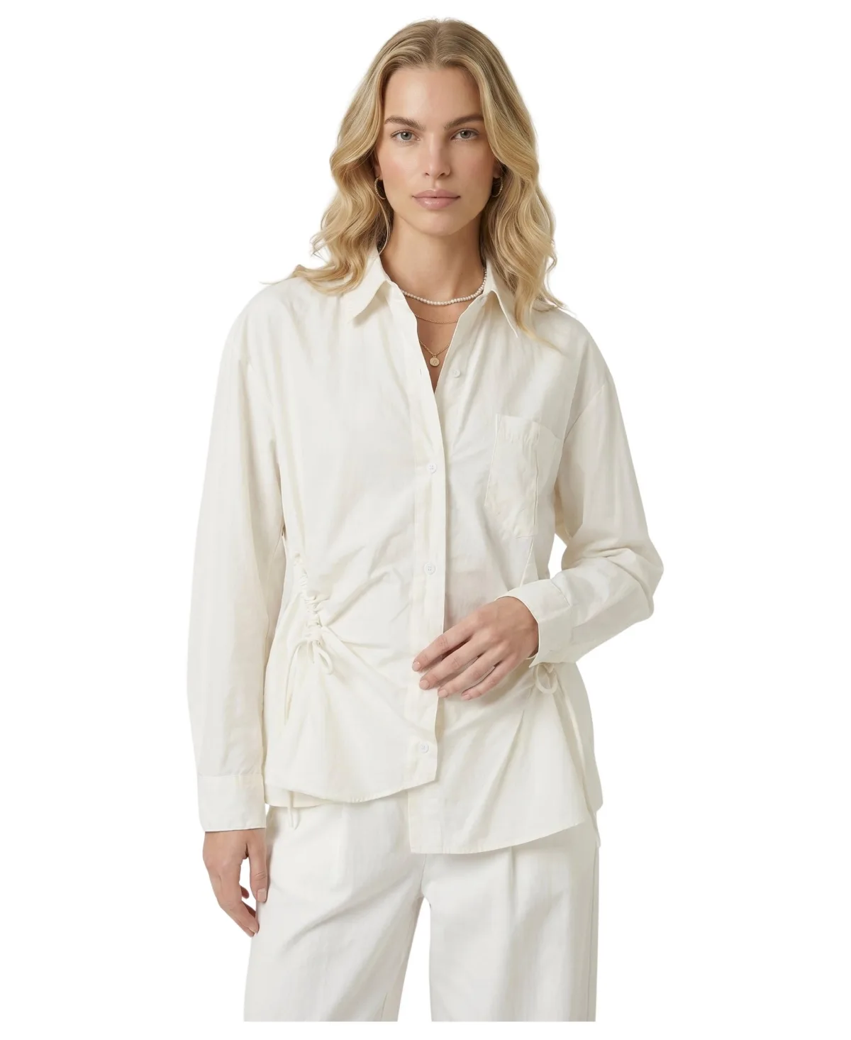 Long-Sleeve Relaxed-Fit Side Drawstring Button-Up Shirt by Modenaire