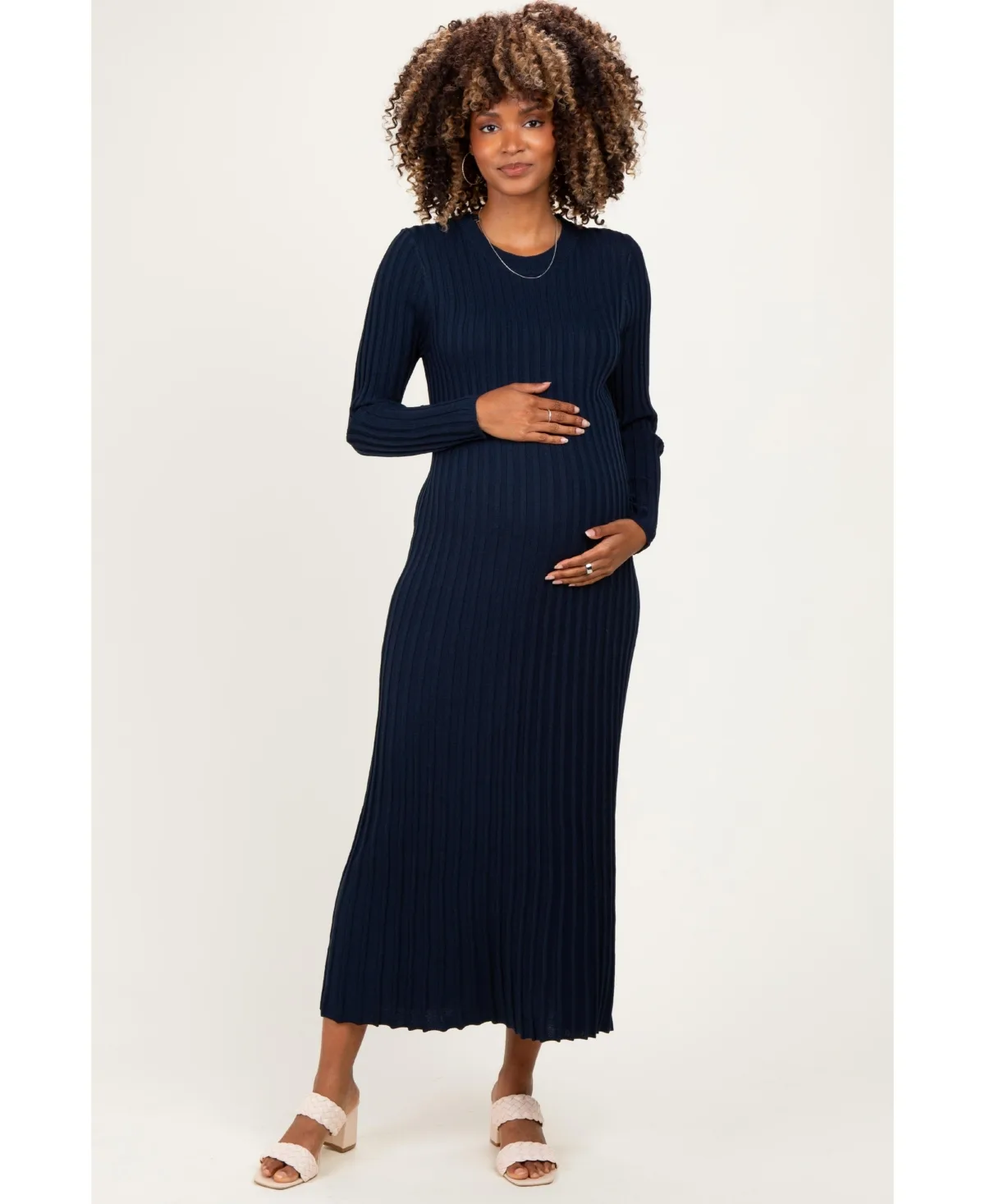 Long-Sleeve Ribbed Crewneck Sweater Midi Dress by PinkBlush