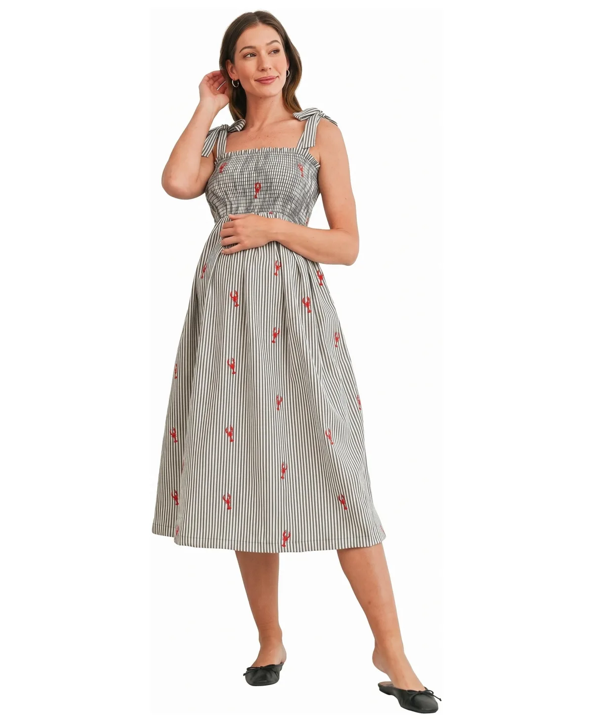 Striped Smocked Tie-Shoulder Midi Dress by Hello Miz
