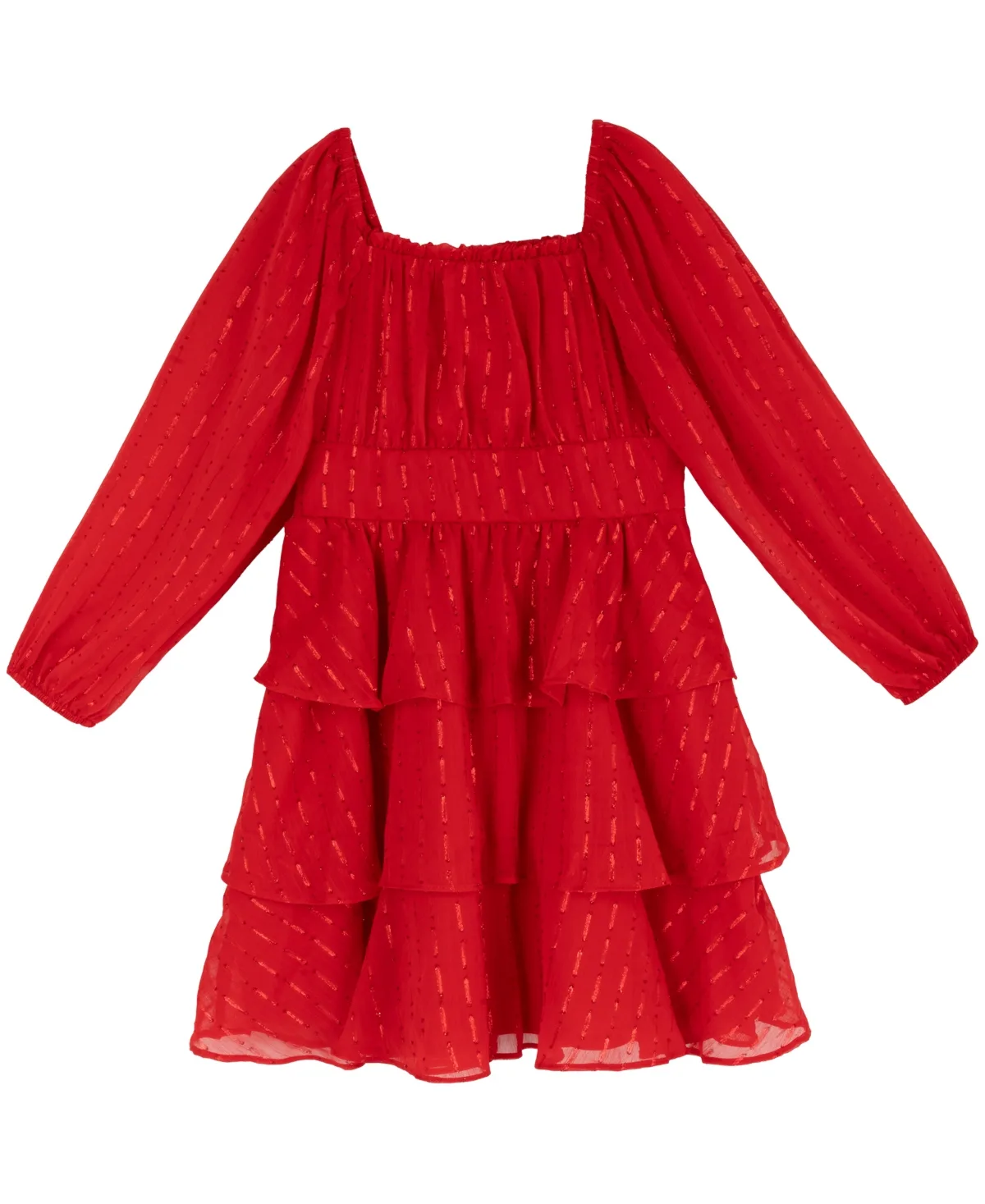 Long-Sleeve Square-Neck Tiered Dress by Rare Editions