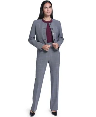 Cropped Plaid Collarless Jacket Modern Fit Straight Leg High Rise Pants by Calvin Klein