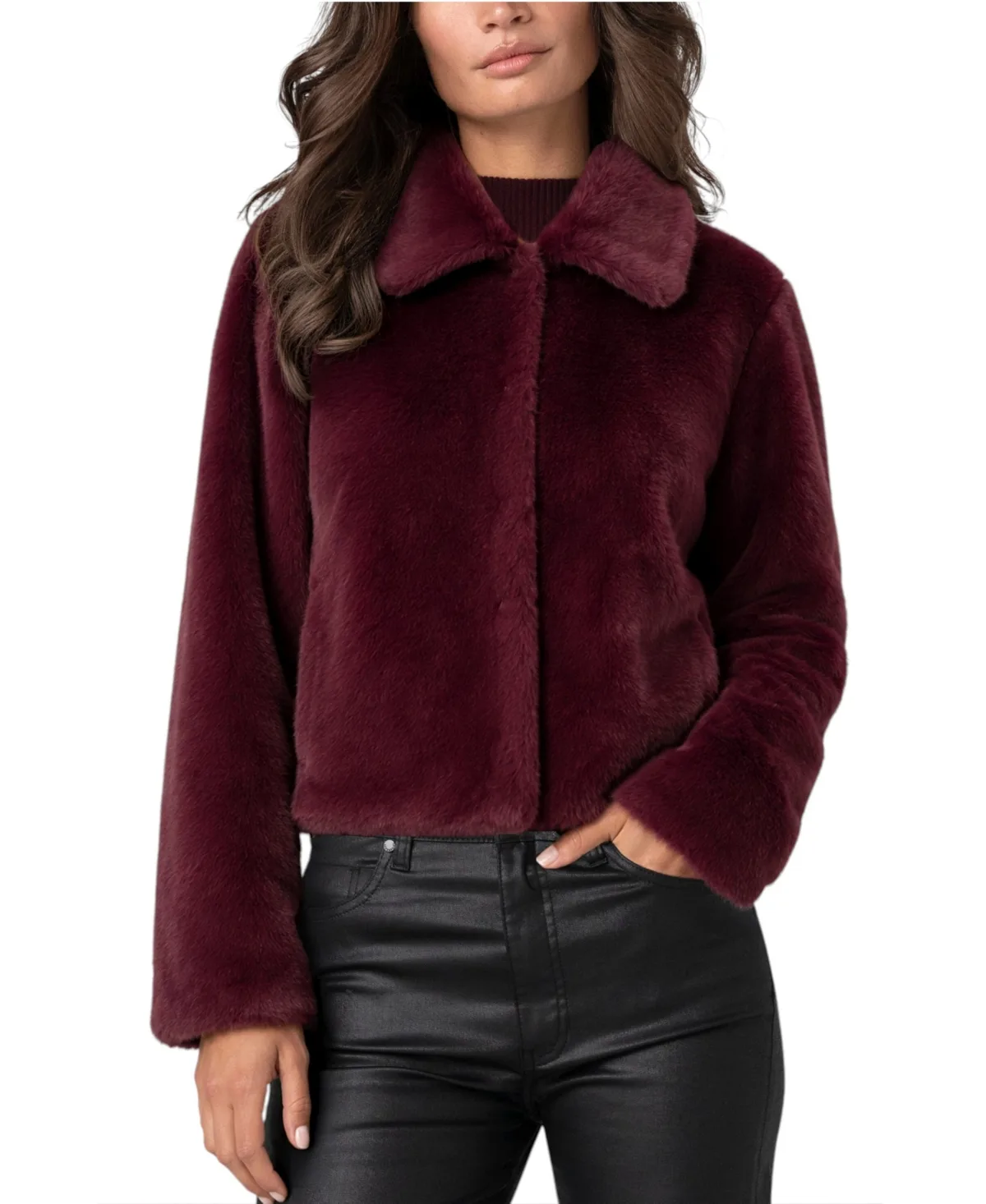 Cropped Collared Faux Fur Jacket
