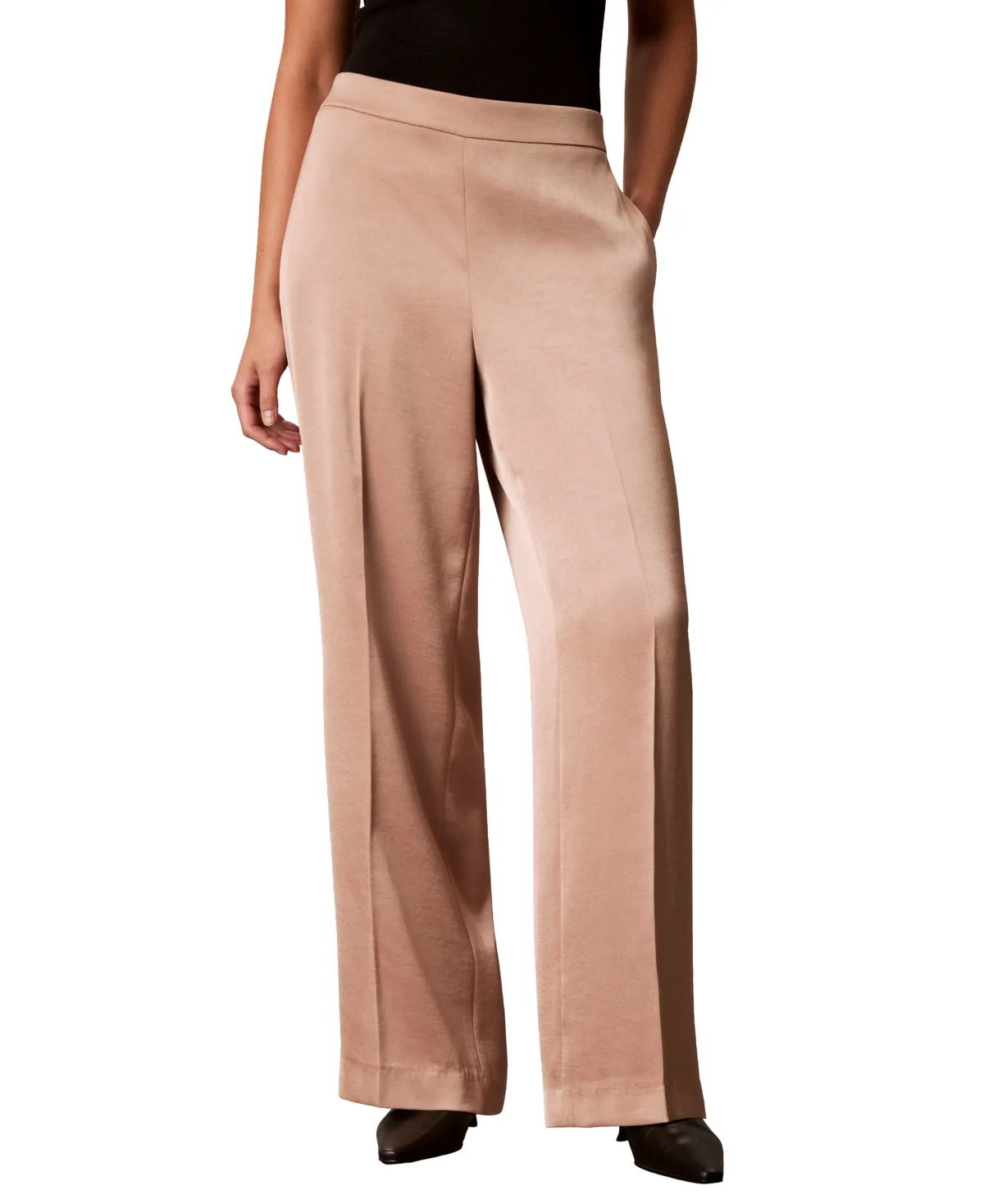 Pull-On Wide-Leg Satin Pants