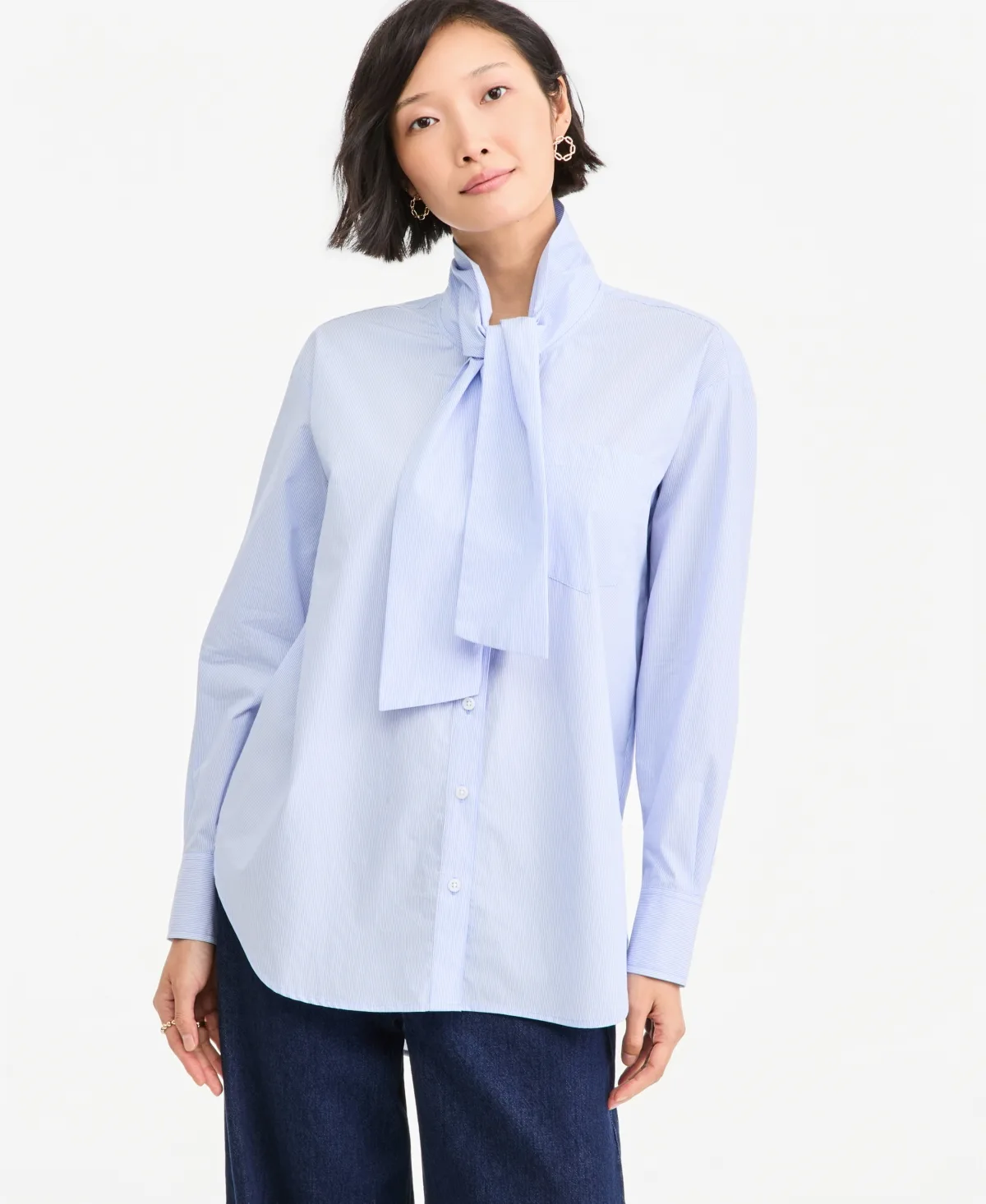 Woven Poplin Tie-Neck Oversized Button Down Shirt by On 34th