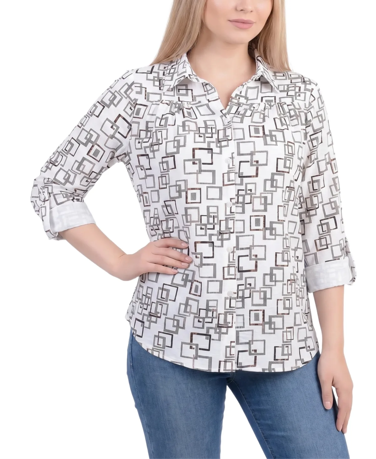 3/4-Sleeve Roll-Tab Button-Up Top by Ny Collection