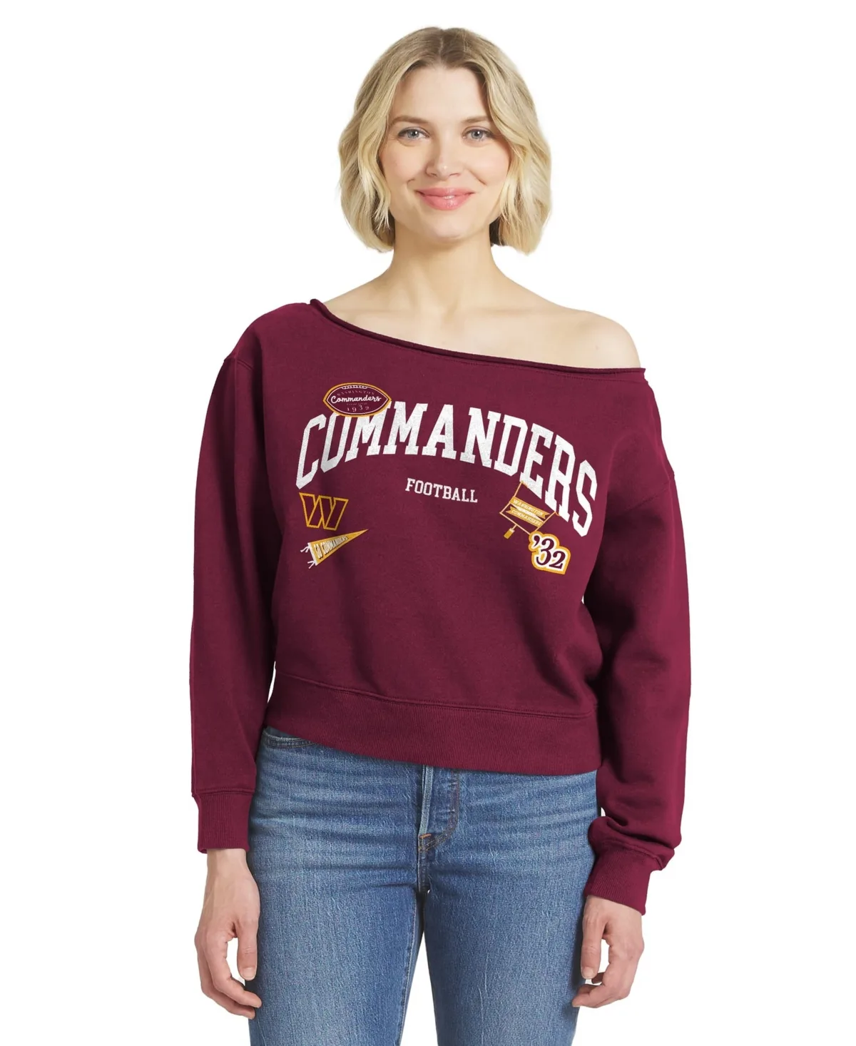Washington Commanders Fleece-Lined Screen-Print Off-the-Shoulder Sweatshirt by Wear by Erin Andrews