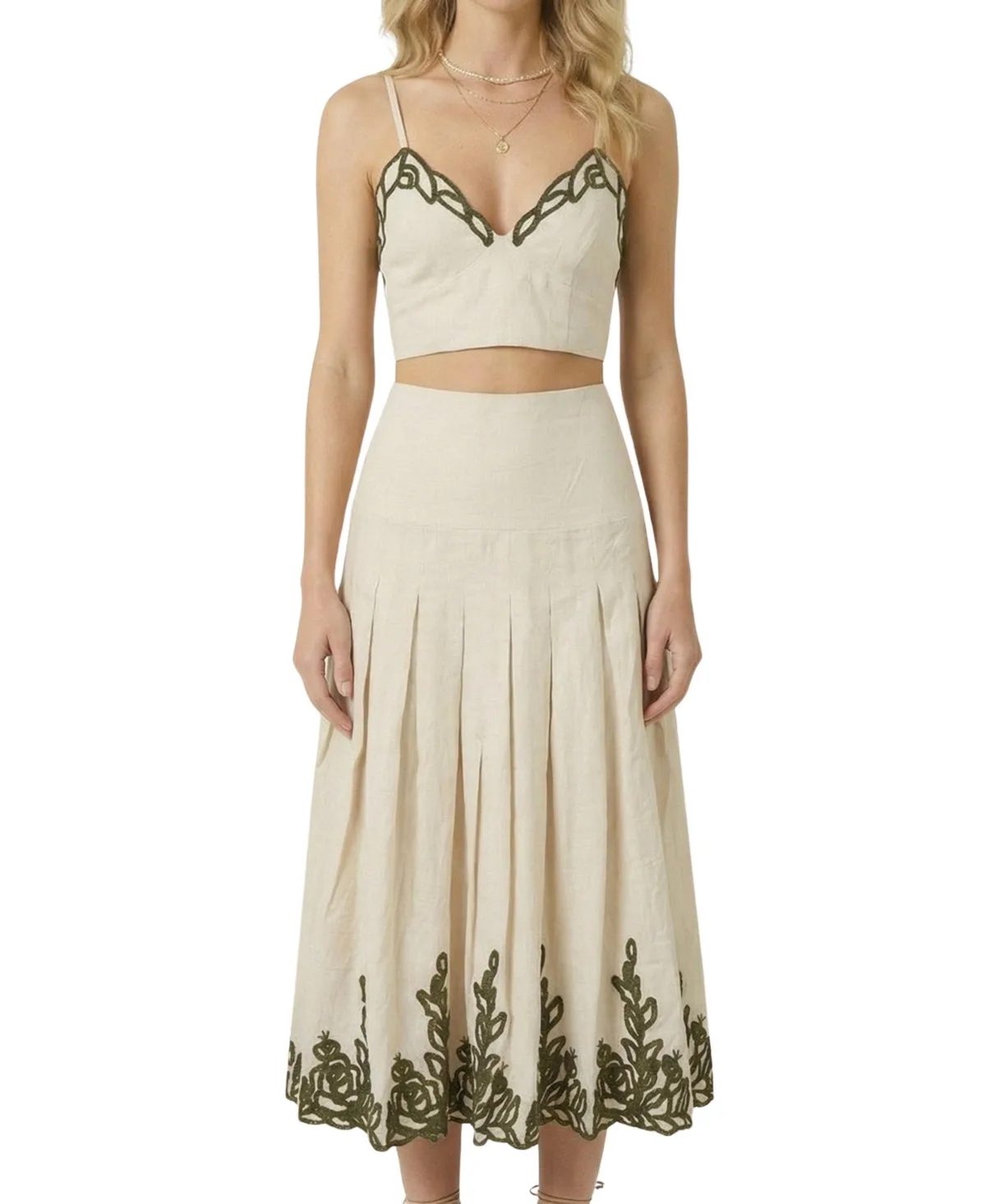 Embroidered Pleated High-Waisted Crop Top and Midi Skirt, 2-Piece Set