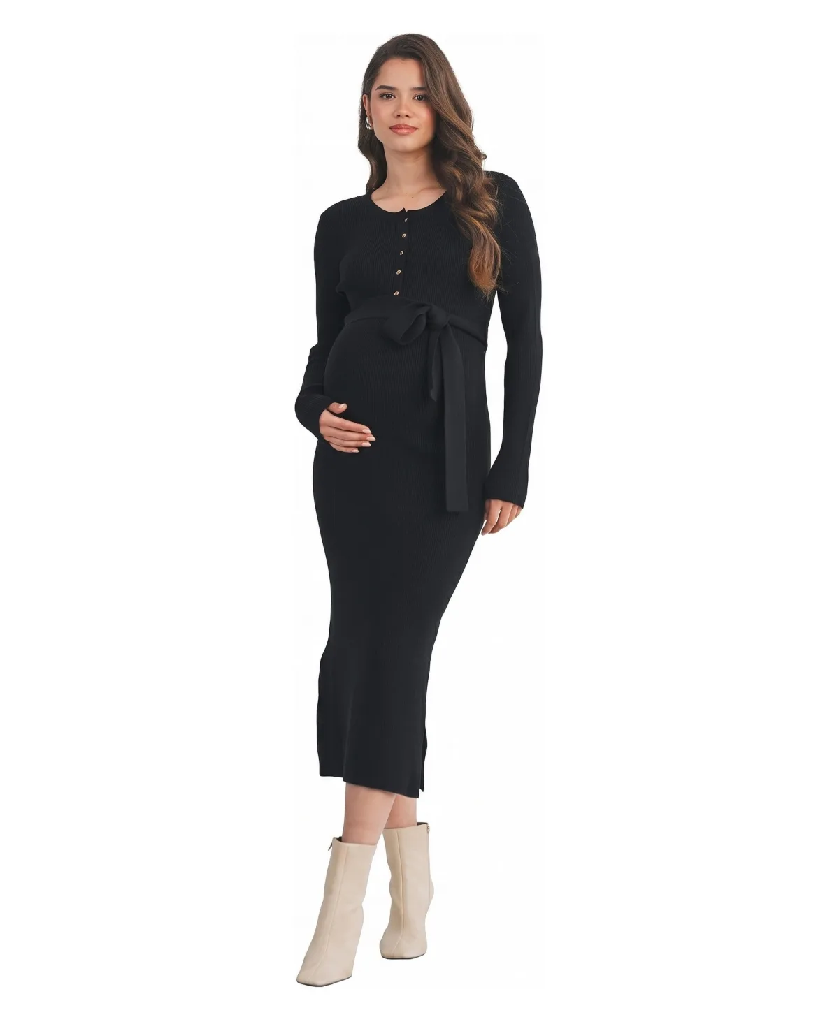Ribbed Button-Down Belted Nursing Dress