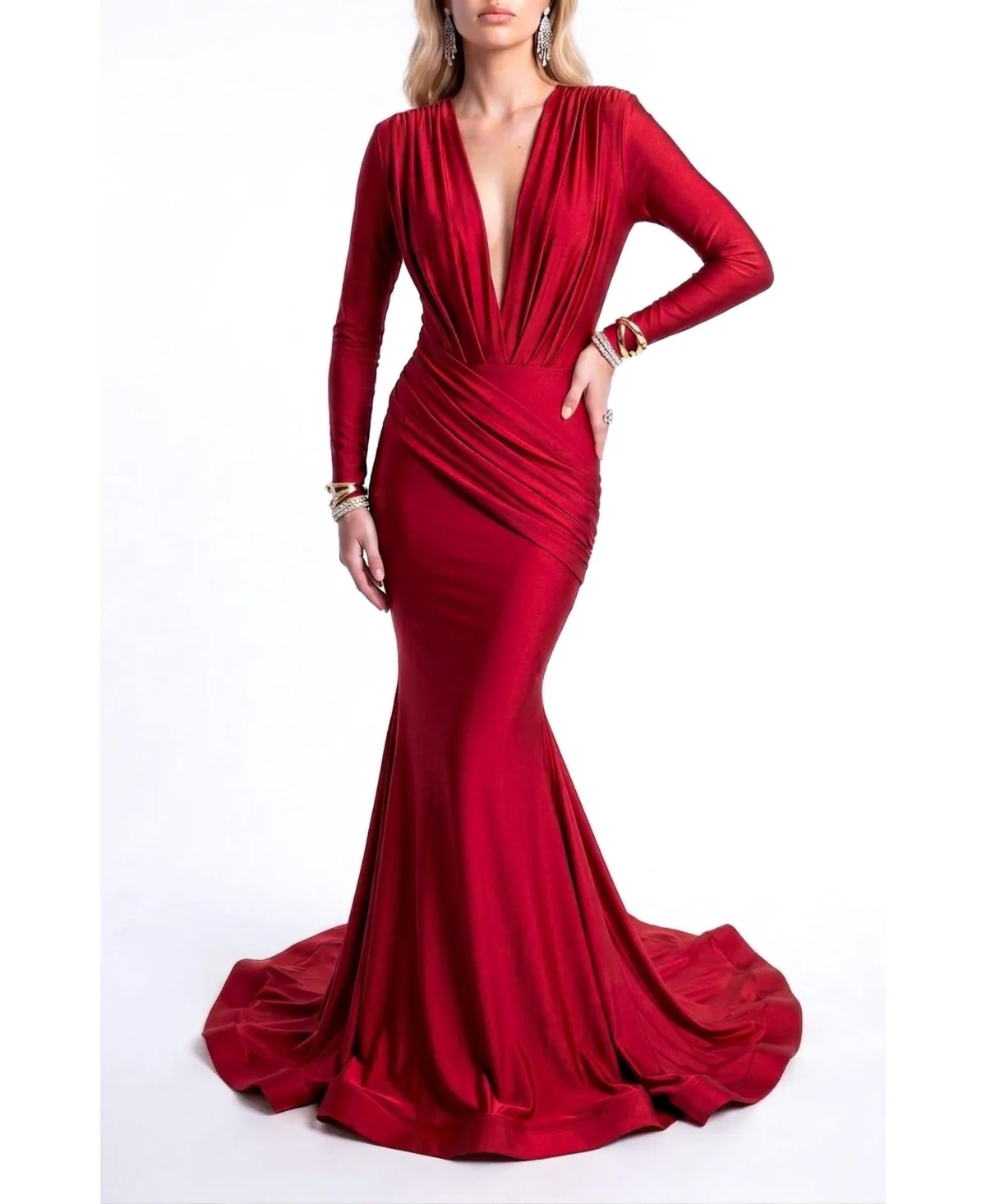 Plunge V-Neck Ruched Mermaid Long-Sleeve Gown