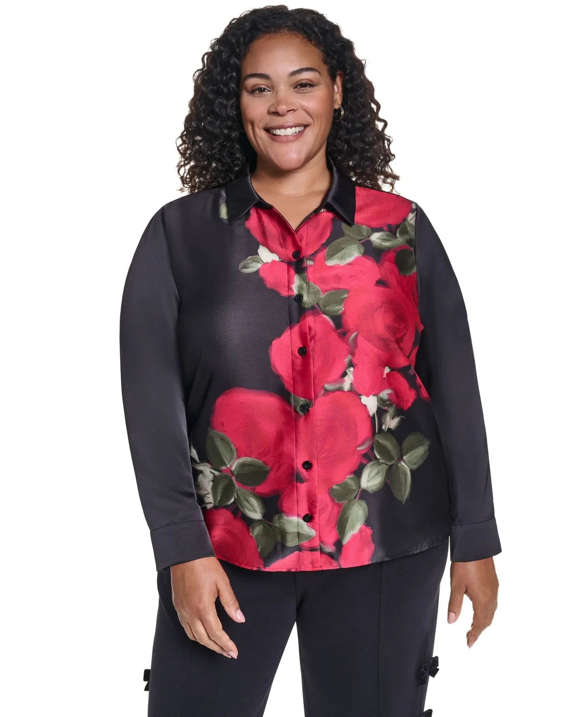 Rose Woven Floral-Print Satin Long-Sleeve Blouse by Karl Lagerfeld