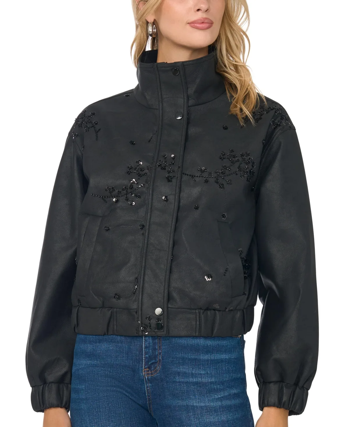 Faux Leather Embellished Bomber Jacket by Vince Camuto