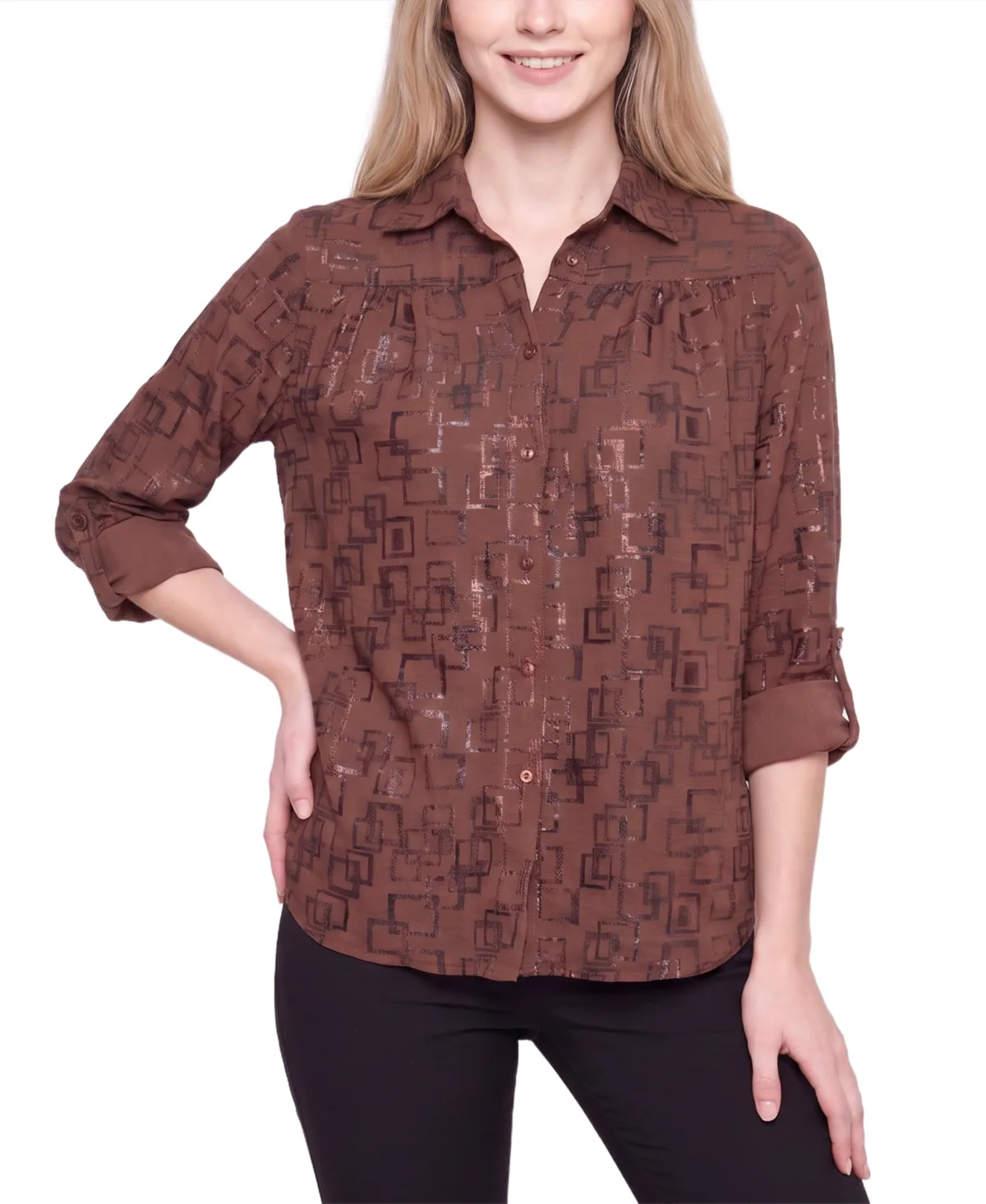 3/4 Roll-Tab Sleeve Collared Button-Up Blouse