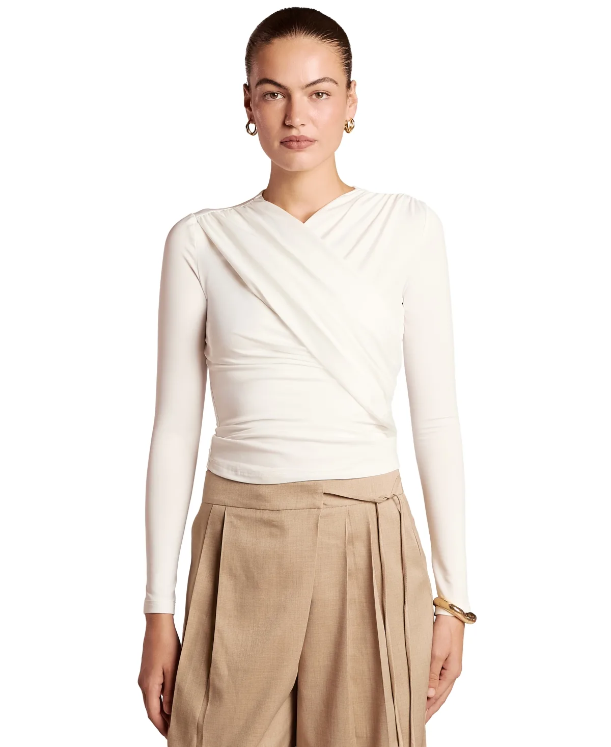 Carrie Long-Sleeve Wrap-Front Ruched Top by 4th & Reckless