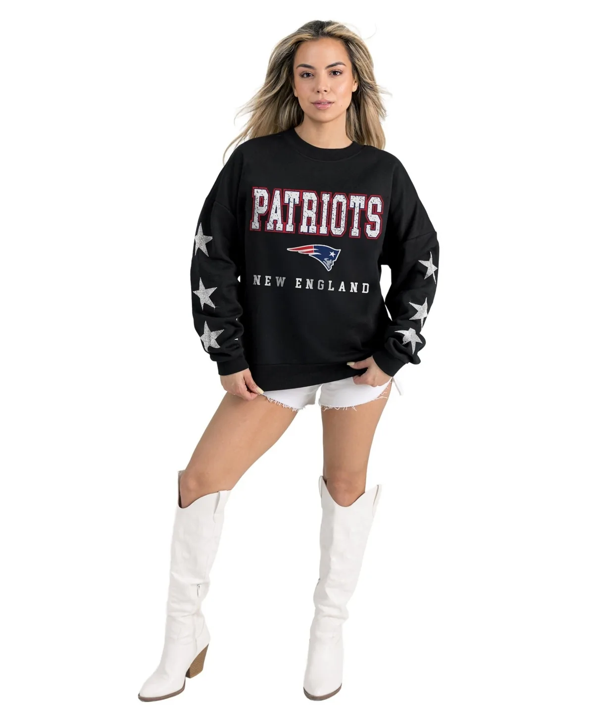 New England Patriots Velocity Rhinestone Relaxed Fit Pullover Sweatshirt by Gameday Couture