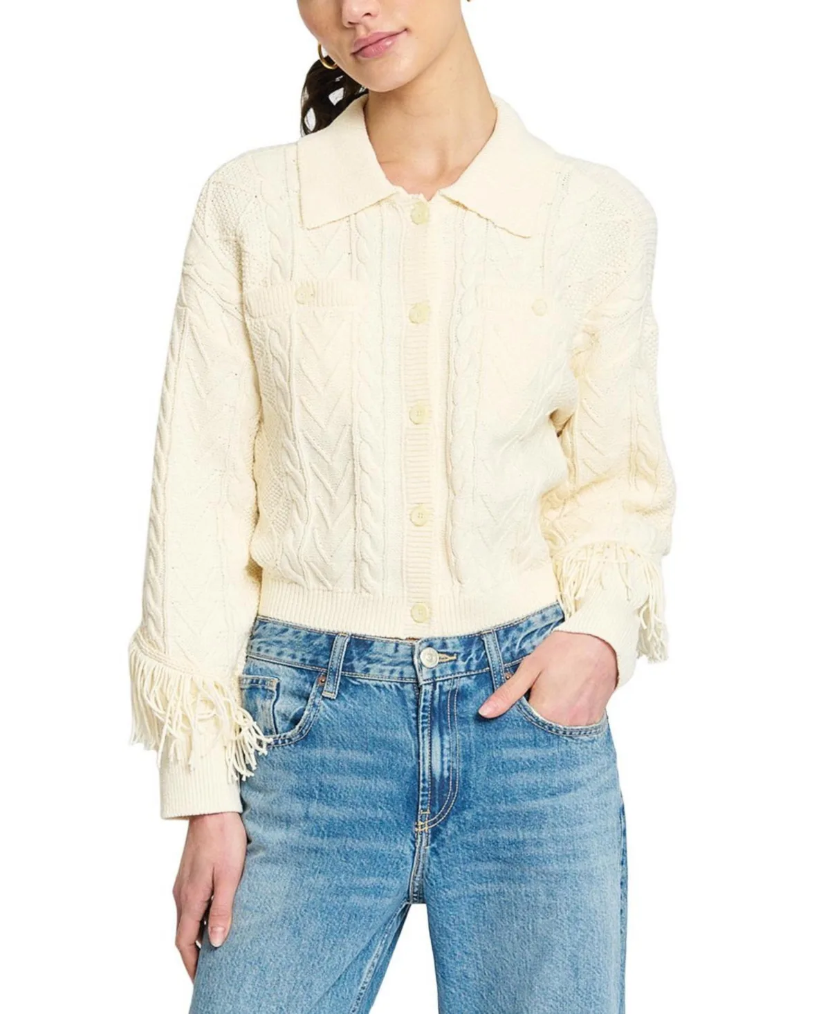 Phoebe Cable Fringe Sweater Cardigan by Central Park West