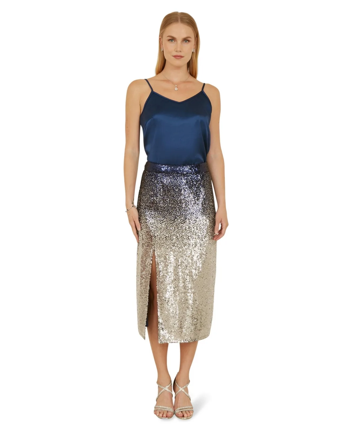 Sequin Split Fitted Midi Skirt by Yumi