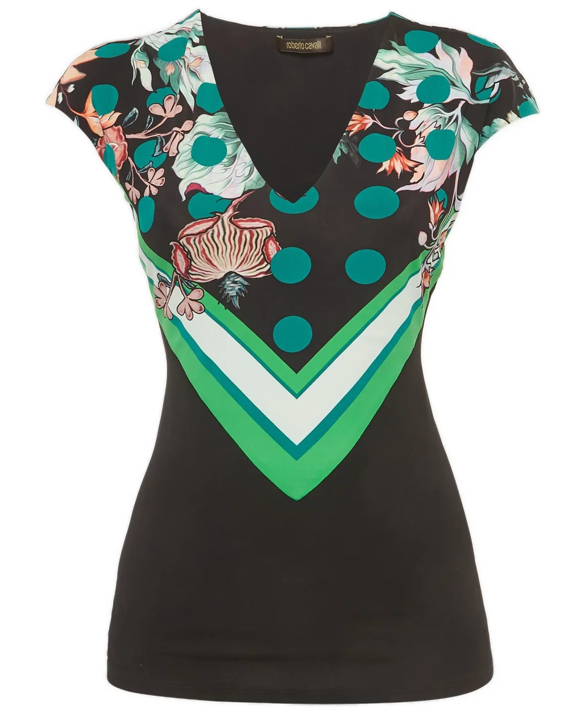 Floral-Print V-Neck Cap-Sleeve Top by Roberto Cavalli