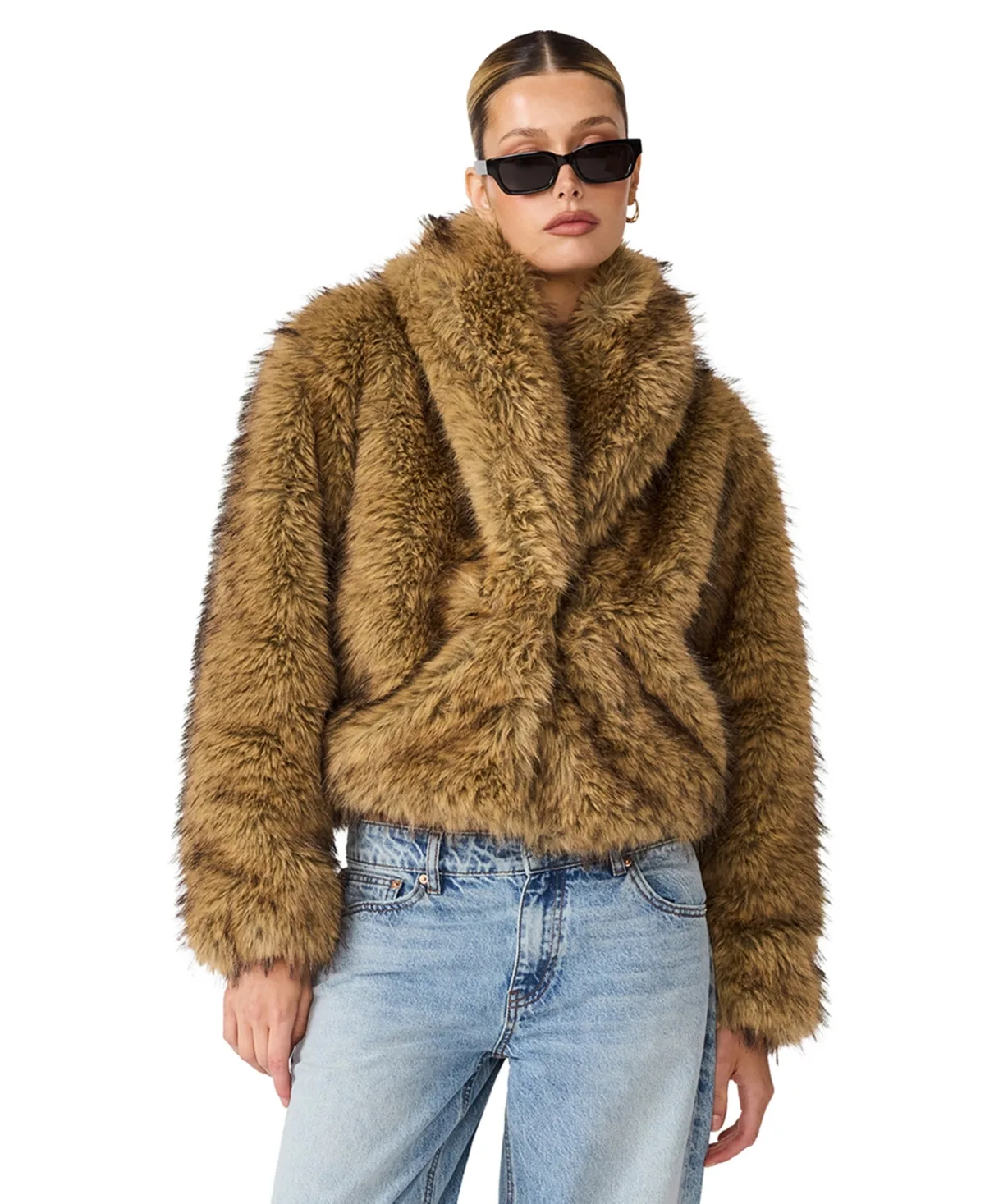 Roe Shawl Collar Cropped Faux Fur Coat by Steve Madden
