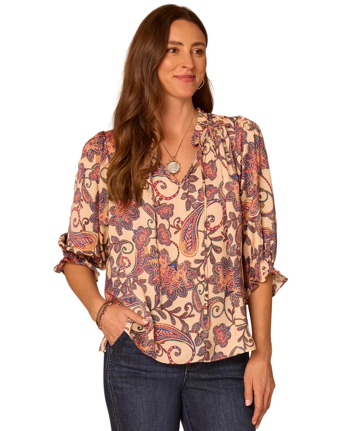 3/4 Sleeve Paisley-Print Split-Neck Blouse