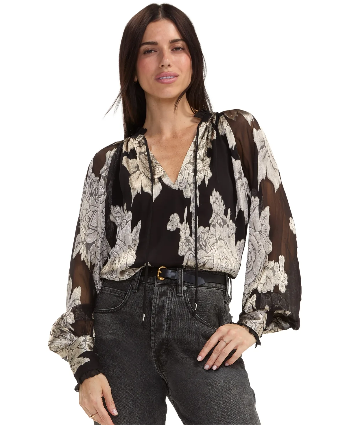 Floral Long-Sleeve V-Neck Blouse by Liverpool Los Angeles
