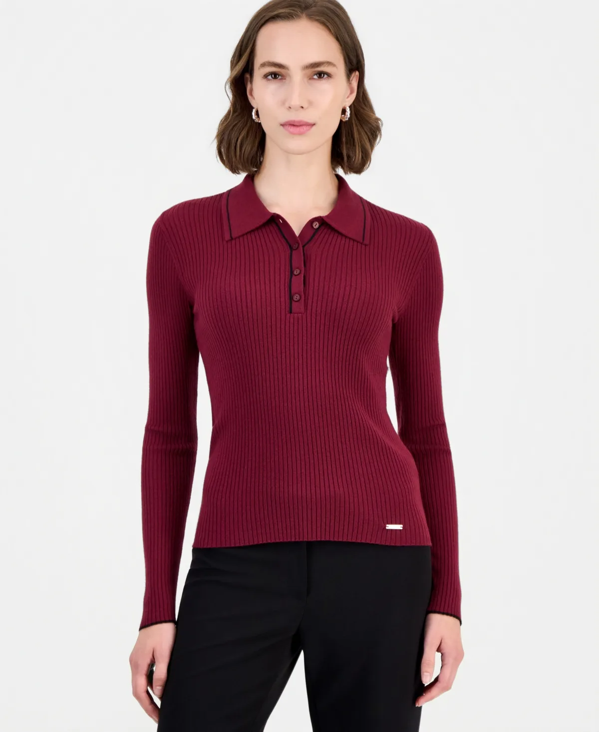 Long-Sleeve Ribbed Polo Sweater by Tahari