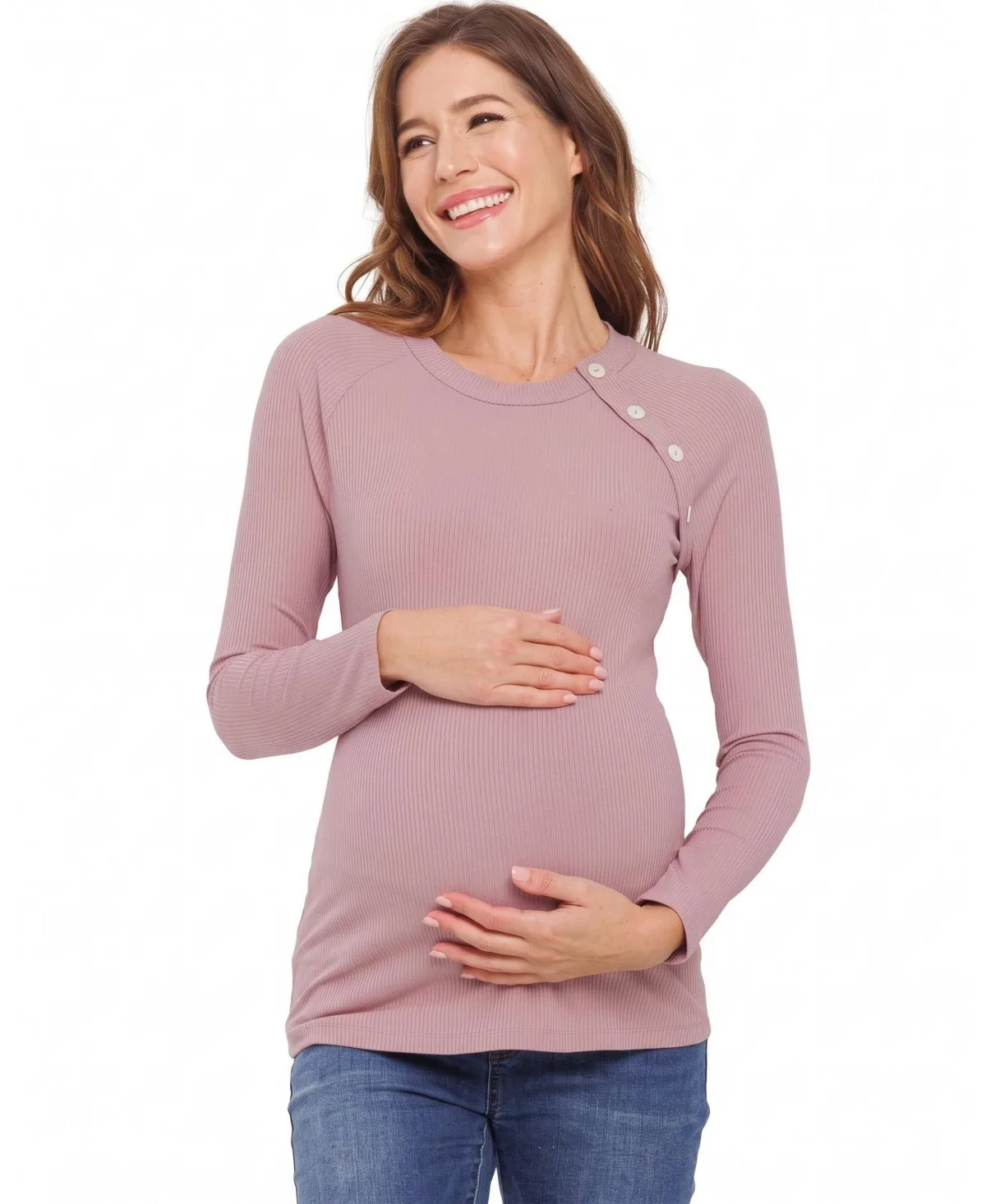 Round-Neck Button-Detail Long-Sleeve Top