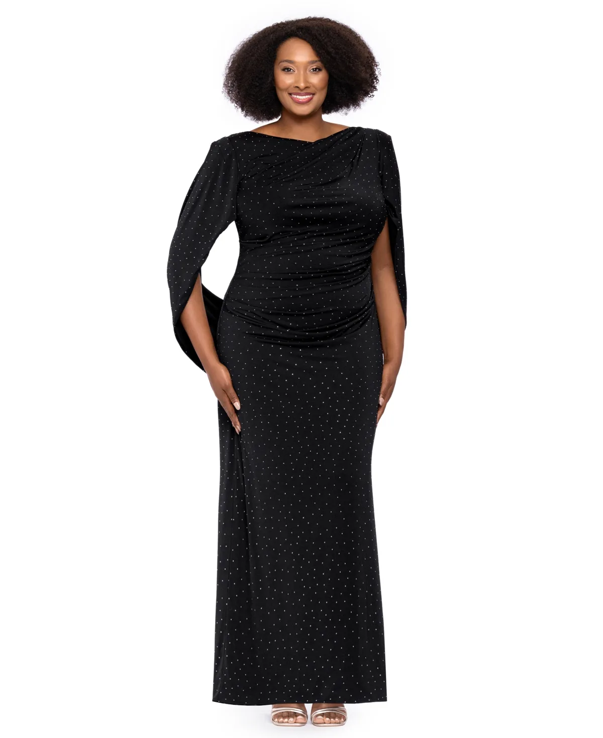 Studded Cowl-Neck Cape-Back Gown by Betsy & Adam
