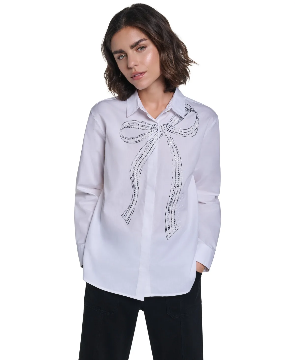 Crystal Bow Long-Sleeve Blouse